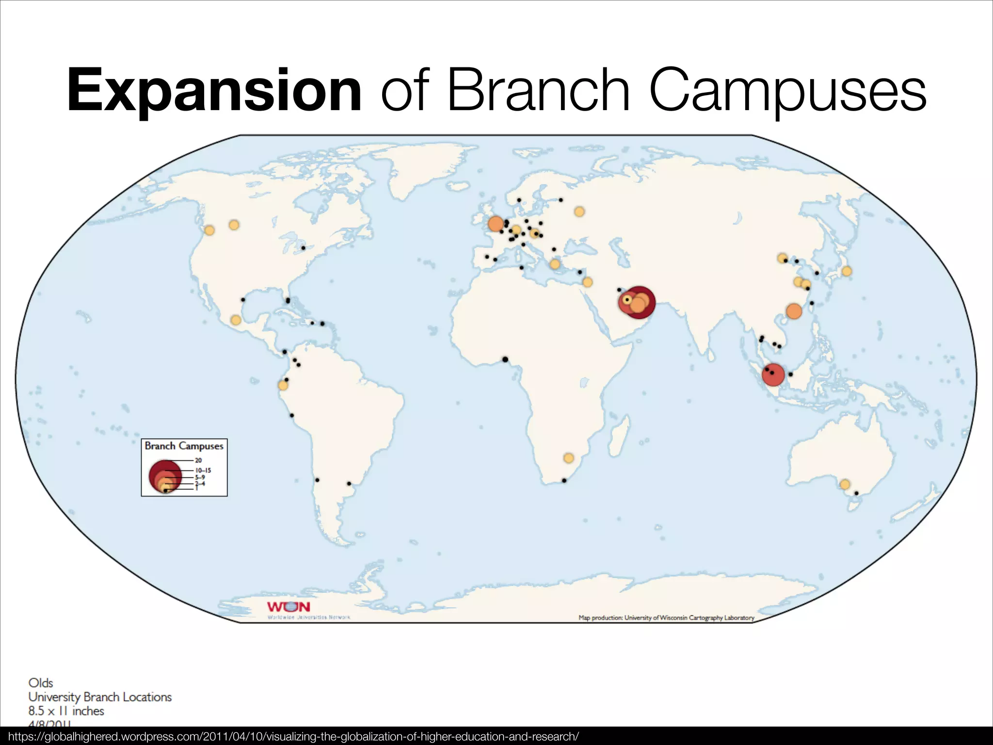 Expansion of Branch Campuses
https://globalhighered.wordpress.com/2011/04/10/visualizing-the-globalization-of-higher-education-and-research/
 