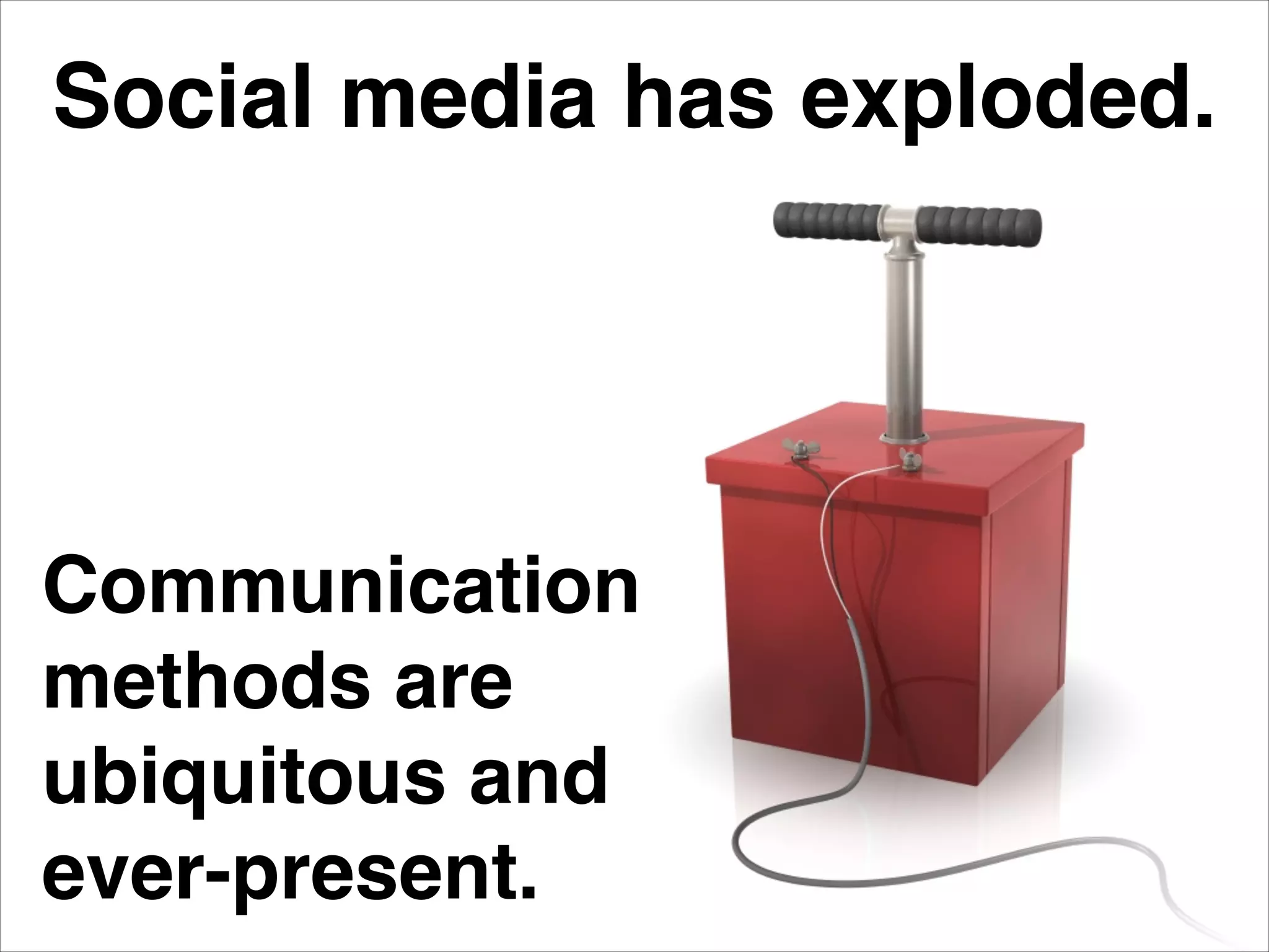 Communication
methods are
ubiquitous and
ever-present.
Social media has exploded.!
 