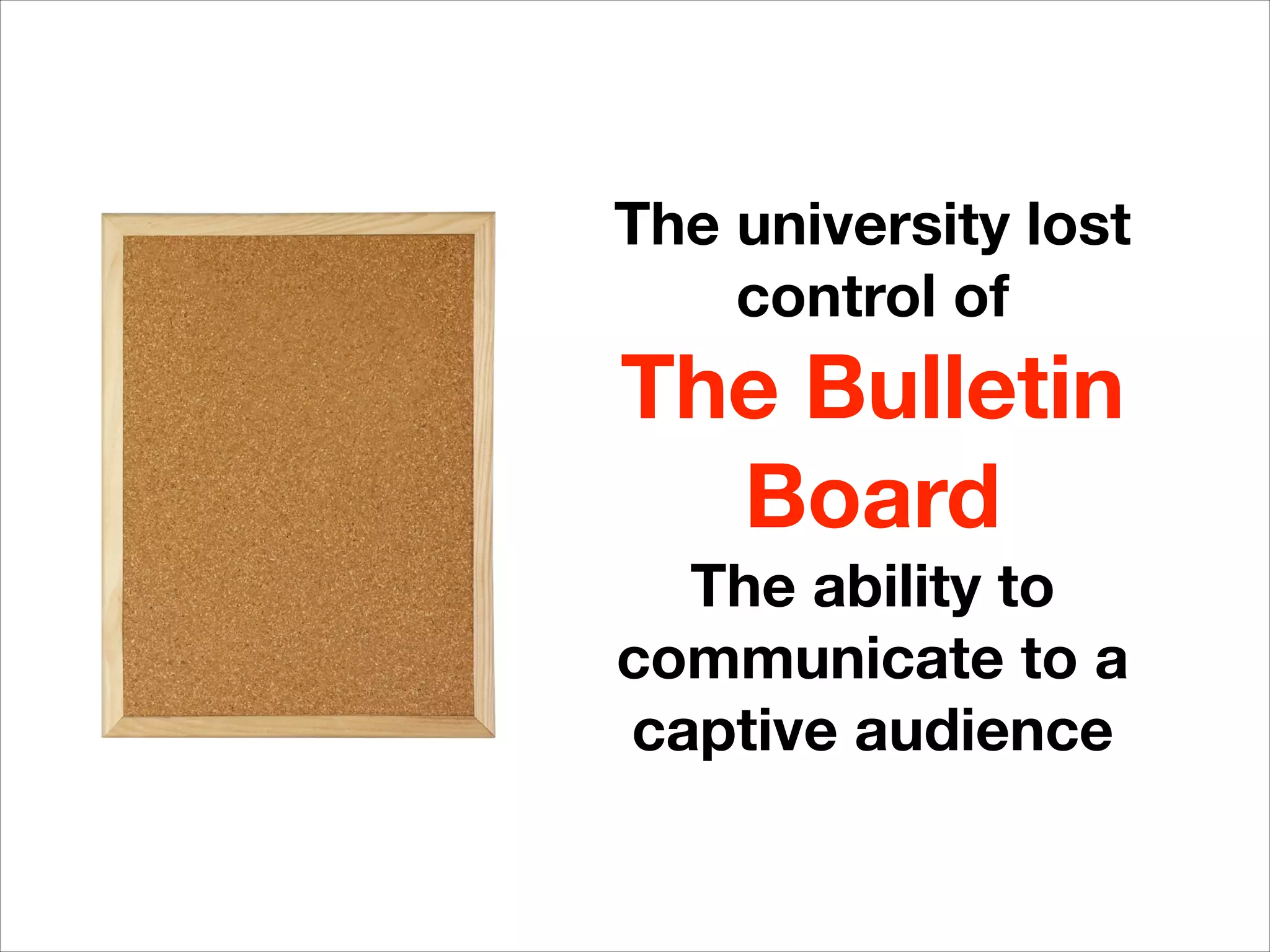 The university lost
control of
The Bulletin
Board
The ability to
communicate to a
captive audience
 