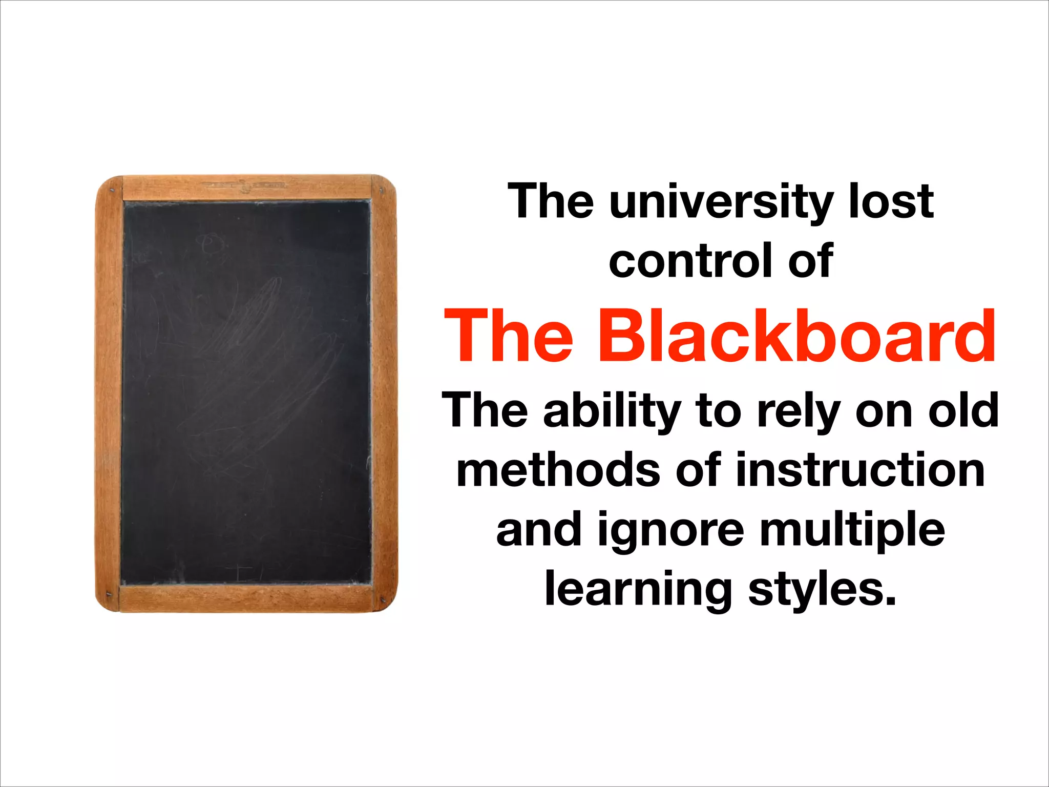 The university lost
control of
The Blackboard
The ability to rely on old
methods of instruction
and ignore multiple
learning styles.
 