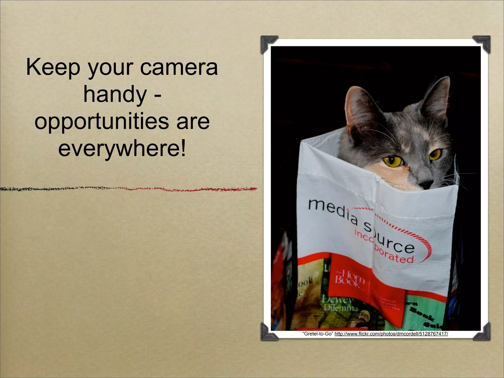 Keep your camera
     handy -
 opportunities are
   everywhere!




                     “Gretel-to-Go” http://www.flickr.com/photos/dmcordell/5128767417/
 