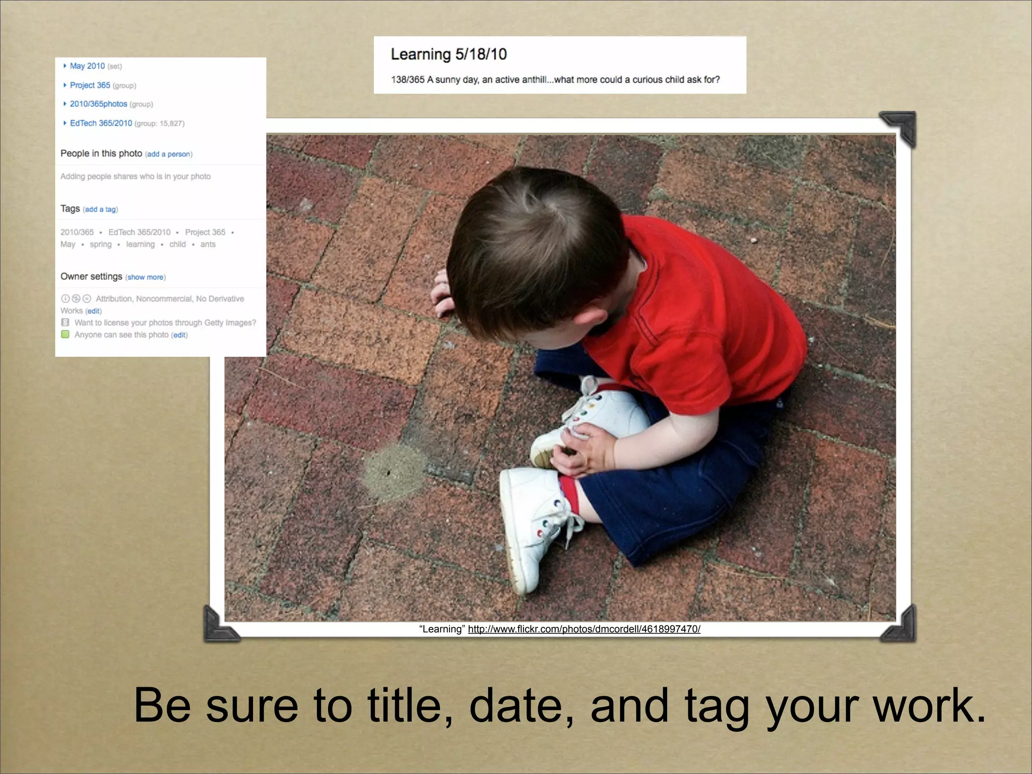 “Learning” http://www.flickr.com/photos/dmcordell/4618997470/




Be sure to title, date, and tag your work.
 