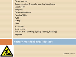 Order sourcing
Order execution & supplier sourcing/developing
Social audit
Sampling
Order confirmation
Planning(TNA)
PI, LC
Testing
Trims
Accessories
Store control
Bulk production(knitting, dyeing, washing, finishing)
Shipment
Factory Merchandising: Task view
Ahamed Sorowar
 