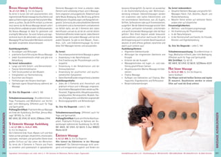 201Anmeldeformular siehe S. 231 · Info/Anmeldung Tel.: BM 05234/870 · WW 02685/80020 · NO 04426/9041610 · AL 08361/925300Tagesablauf, Seminarbeginn und -ende: siehe S. 4 · Alle Seminare mit Meditation, Mantra-Singen, Yogastunden
MASSAGEAUSBILDUNGEN
200
MASSAGEAUSBILDUNGEN
Breuss Massage Ausbildung
18.-21.7.21 WW, SL: Eric Vis Dieperink
Du lernst in kurzer Zeit sehr praxisorientiert, eine
regenerierendeRückenmassagedurchzuführenund
dabeiaufdeineeigenegesundeHaltungbeimMas-
sieren zu achten. Da die Griffe einfach zu erlernen
sind, kannst du die Breuss Massage danach sofort
imberuﬂichenund/oderprivatenUmfeldanwenden.
Die Breuss-Massage ist ideal für gestresste und
erschöpfte Menschen. Sie wirkt heilend und rege-
nerierend durch die dehnenden und streichenden
MassagegriffeaufbesondereMeridianeunddurch
das dabei verwendete Johanniskrautöl.
Ausbildungsinhalte:
» Grundlagen und Wirkungen
» praktische Durchführung der Breuss Massage
» Jede/r Kursteilnehmer/in erhält und gibt eine
Behandlung
Du lernst insbesondere:
» Lange und tiefe Streich- und Dehneinheiten
» Passive Gelenkmobilisation
» Tiefe Strukturarbeit an den Muskeln
» Energiearbeit zur Harmonisierung
» Ausrichten des Körpers
» Fehlhaltungen des Körpers beseitigen
» Optimale eigene Körperhaltung während der
Massage
SL: Eric Vis Dieperink - siehe S. 190
Teilnahmevoraussetzung: Grundkenntnisse in
Yoga, Pranayama und Meditation von Vorteil,
aber nicht Bedingung. Offenheit auch für Yoga
und Spiritualität.
Prüfung/Zertiﬁkat: Praktische Breuss Massage
am Ende der Ausbildung. Zertiﬁkat „Breuss Mas-
sage“ (BYVG). Ca. 33 UE.
MZ 320€, DZ 370€, EZ 423€, Z/Womo 279€
5 Elemente Massage Ausbildung
1.-6.1.21 BM, 5.-10.9.21 WW,
SL: Eric Vis Dieperink
Die 5 Elemente Erde, Feuer, Wasser, Luft und Holz
habenaufdergeistigen,körperlichen,emotionalen,
rationalen, mentalen und spirituellen Ebene einen
großen Einfluss auf das Leben des Menschen.
Du lernst die 5 Elemente in Theorie und Praxis
zu verstehen und systematisch in spezialisierten
Elemente-Massagen mit ihnen zu arbeiten. Jedes
Element wird vollständig erfasst und in Massage-
form umgesetzt und ausgedrückt. Didaktisch wird
dafürMusik,Bewegung,Tanz,Berührung,geführte
Meditationen,VisualisierungenundKlangarbeitein-
gesetzt.SolernstdudieunterschiedlichenElemente
zustimulierenundzuharmonisierenundbekommst
ein Gefühl dafür, wie die 5 Elemente dein Leben
beeinﬂussen und wie du sie bei dir und bei deinen
Teilnehmern/Klientenlenkenkannst.JedesElement
benötigt dabei eine andere Massage und hat eine
andere Dynamik. So gibt es eine Wasser-, Feuer-,
Holz-, Luft- und Erdelementmassage. Du lernst
diese fünf Massagen kennen und anzuwenden.
Du lernst:
» EineschwerpunktorientierteMassagezugeben
» Anwendung in der Naturheilpraxis
» Eine Erweiterung der Physiotherapie und Os-
teopathie
» Anwendung in der Rehabilitation und bei
Stresssymptomen
» Anwendung bei psychischen und psycho-
somatischen Symptomen
» DeineKlienten/Kundenentsprechendzuberaten
Ausbildungsinhalte:
» Jedes der 5 Elemente wird theoretisch und
praktisch erfasst und in Massage umgesetzt
» VerschiedeneMassagetechnikenwerdenaufRe-
ﬂexzonen,Triggerpunkten,Akkupressurpunkten,
Lymphpunkten, Nervenpunkten, Muskeln, Fas-
zien,EnergiepunktenundGelenkenangewendet
» Beratungsgespräche und Behandlungen
SL: Eric Vis Dieperink - siehe S. 190
Teilnahmevoraussetzung: Offenheit auch für
Yoga und Spiritualität.
Prüfung/Zertiﬁkat: KurzeschriftlicheAbschluss-
arbeit. Praktische Prüfung im Rahmen der An-
wendungen während der Ausbildung. Ca. 60 UE.
MZ 490€, DZ 576€, EZ 663€, S (nur BM)/Z/
Womo 423€
Edelstein Massage
4.-9.7.21 BM, SL: Eric Vis Dieperink
Wie kannst du Edelsteine in der Massage
einsetzen? Die Edelsteinmassage wirkt anre-
gend und entspannend zugleich und fördert ein
besseres Körpergefühl. Du kannst sie wunderbar
in die Kosmetikbehandlung oder Wellnessan-
wendung einbauen. Edelsteinmassagen werden
mit erwärmten oder kalten Edelsteinölen und
mit verschiedenen Steinformen, wie z.B. Kugeln,
Griffeln, Seifensteinen oder auch Trommelsteinen,
ausgeführt.BeiderEdelsteinmassagewirdderStein
in ruhigen, achtsamen kreisenden, streichenden
und sanft drückenden Bewegungen über die Haut
geführt. Dein Klient beginnt wieder bewusster
wahrzunehmen und schon nach kurzer Zeit wird
dieEntspannungauchinseinemGesichtsausdruck
deutlich. Er sieht offener, gelöster, natürlicher und
damit auch schöner aus!
Ausbildungsthemen:
» Allgemeine Edelsteinkunde
» Wirkungen der eingesetzten Edelsteine und
Kristalle
» Kriterien bei der Auswahl
» Massagetechniken mit kugel-, ei- und stab-
förmig geschliffenen Steinen
» Akupressurpunkte-Marma-Massage mit Edel-
steinen
» Chakra-Massage
» Auﬂegen von Edelsteinen auf Chakras, Mar-
mapunkte, Organbereiche und Reﬂexzonen
» Bergkristallanwendungen
Du lernst insbesondere:
» Gesamte Edelstein Massage und gezielte Teil-
Massagen:Hand-,Fuß-,Gesichts-,Bauch-und
Rückenbehandlung
» Manche Steine wirken auf seelischer Ebene,
andere eher auf körperlicher
Einsatzmöglichkeiten:
» Wellness- und Entspannungsmassage
» Als Erweiterung der Physiotherapie
» In der Naturheilpraxis
» In der Partnerschaft und Familie; für Freunde,
Klienten und Eigenbehandlung
SL: Eric Vis Dieperink - siehe S. 190
Teilnahmevoraussetzung: Grundkenntnisse in
Yoga, Meditation hilfreich, aber nicht Bedingung.
Offenheit auch für Yoga und Spiritualität.
Mit Zertiﬁkat. Ca. 60 UE.
MZ 490€, DZ 576€, EZ 663€, S/Z/Womo 423€
Hot Stone Massage
5.-10.12.21 BM, SL: Eric Vis Dieperink,
Sabine Goldbach
Der Körper wird mit heißen Steinen und Jojoba
Öl massiert. Basaltsteine werden in einem
Ofen auf rund 60 Grad erhitzt.
 