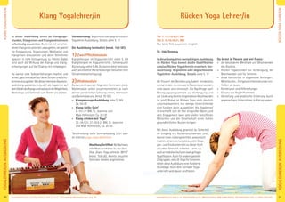 31Anmeldeformular siehe S. 41 · Info/Anmeldung Tel.: BM 05234/870 · WW 02685/80020 · NO 04426/9041610 · AL 08361/925300Kursinformationen und Tagesablauf: siehe S. 4+12 · Seminarleiter-Beschreibungen ab S. 36
YOGALEHRER/INAUSBILDUNG
30
YOGALEHRER/INAUSBILDUNGRÜCKENYOGALEHRER/IN
KLANGYOGALEHRER/IN
In dieser Ausbildung lernst du Klangyoga-
stunden, Klangreisen und Klangmeditationen
selbständig anzuleiten. Du lernst mit verschie-
denen Klanginstrumenten umzugehen, sie gezielt
für Entspannung, Yogastunden, Meditation und
Klangreisen einzusetzen und deine Teilnehmer
dadurch in tiefe Entspannung zu führen. Dabei
wird auch die Wirkung der Klänge und Klang-
schwingungen auf die Chakras mit einbezogen.
Du kannst viele Selbsterfahrungen machen und
lernen,ganzindividuellaufdeineSchülerundSchü-
lerinneneinzugehen.MitdieserintensivenBaustein-
ausbildung spezialisierst du dich als Yogalehrer auf
demGebietdesKlangsundhastauchdieMöglichkeit,
Workshops und Seminare zum Thema anzubieten.
Voraussetzung: Begonneneoderabgeschlossene
Yogalehrer Ausbildung. Details siehe S. 17
Die Ausbildung beinhaltet (mind. 150 UE):
1) Zwei Pﬂichtmodule
Klangtherapie im Yogaunterricht siehe S. 89
Klangtherapie im Yogaunterricht – Schwerpunkt
Rückenyoga sieheS.89. Du kannst diese Seminare
auch als einzelne Weiterbildungen besuchen (mit
Teilnahmebescheinigung).
2) Wahlmodule
Du kannst dir aus den folgenden Seminaren deine
Wahlmodule selbst zusammenstellen, je nach
deinen persönlichen Schwerpunkten, Interessen
und Terminplanung (mind. 70 UE):
» Klangmassage Ausbildung siehe S. 169
Ca. 60 UE.
» Klang-Stille-Sein*
8.-10.1.21 BM, SL: Jeannine und
Maik Hofmeister Ca. 20 UE.
» Klang erleben mit Yoga*
22.-24.1.21; 27.-29.8.21 BM, SL: Jeannine
und Maik Hofmeister, Ca. 20 UE.
*Beschreibung siehe Seminarkatalog 2021 oder
im Internet yoga-vidya.de/seminar
Abschluss/Zertiﬁkat:BeiNachweis
aller Module erhältst du das Zerti-
ﬁkat „Klang Yoga Lehrer/in (BYV)“
(mind. 150 UE). Bereits besuchte
Seminare werden angerechnet.
Teil 1: 12.-19.9.21, BM
Teil 2: 3.-10.10.21, BM
Nur beide Teile zusammen möglich.
SL: Udo Demmig
In dieser kompakten zweiwöchigen Ausbildung
im Rücken Yoga kannst du die Qualiﬁkation
zum/zur Rücken Yogalehrer/in erwerben. Vor-
aussetzung: Begonnene oder abgeschlossene
Yogalehrer Ausbildung. Details siehe S. 17
80 Prozent der Bevölkerung haben mindestens
einmalimJahrnennenswerteRückenbeschwerden,
viele davon sind chronisch. Die Nachfrage nach
Bewegungsprogrammen zur Vorbeugung und
zur Linderung bereits eingetretener Beschwerden
ist groß. Bisher ist Rücken Yoga noch deutlich
unterrepräsentiert; nur wenige Unterrichtende
sind fundiert darin ausgebildet. Als Yogalehrer/
in erschließt sich dir hier ein großer Markt, und
dein Engagement kann sehr vielen betroffenen
Menschen und der Gesellschaft einen hohen
gesundheitlichen Nutzen bringen.
Mit dieser Ausbildung gewinnst du Sicherheit
im Umgang mit Rückenbeschwerden und
kannst einen rückengerechten, anatomisch
exakten,verantwortungsbewusstenGrup-
pen- und Einzelunterricht zu dieser hoch
aktuellen Thematik anbieten - eine u.a.
auchanVolkshochschulenstarkgefragte
Qualiﬁkation.Auchfüranderespezielle
Zielgruppen,wiez.B.YogafürSenioren,
bietet diese Ausbildung eine fundierte
Grundlage. Auch dein normaler Yoga-
unterricht wird davon proﬁtieren.
Du lernst in Theorie und viel Praxis:
» die besonderen Merkmale und Beschwerden
des Rückens
» Rücken Yogastunden zur Vorbeugung, bei
Beschwerden und für Senioren
» diese Kenntnisse in allgemeine Anfänger-,
Mittelstufen-, Fortgeschrittenenstunden ein-
ﬂießen zu lassen
» Korrekturen und Hilfestellungen
» Einsatz von Yogahilfsmitteln
» Vertiefung und praktische Erfahrung durch
gegenseitiges Unterrichten in Kleingruppen
Rücken Yoga Lehrer/inKlang Yogalehrer/in
 