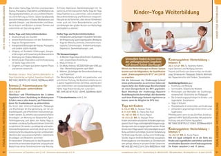 61Anmeldeformular siehe S. 231 · Info/Anmeldung Tel.: BM 05234/870 · WW 02685/80020 · NO 04426/9041610 · AL 08361/925300Kursinformationen und Tagesablauf: siehe S. 4+45 · Seminarleiter-Beschreibungen ab S. 92
YOGALEHRER/INWEITERBILDUNG
60
YOGALEHRER/INWEITERBILDUNG
DIE9-TAGE-INTENSIV-WEITERBILDUNGEN
KINDER-YOGAWEITERBILDUNG
Wie in allen Hatha Yoga Schriften sind besonders
Asanas,Pranayama,ChakralehreundMeditationals
Übungswegbeschrieben,umunszuhöhererErkennt-
nis und Erfahrung zu führen. Swami Saradananda
wirddichinsbesondereinChakra-Meditationenund
spezielle Energie- und Atemtechniken einführen.
Sie ist Autorin von Büchern zu beiden Themen und
unterrichtet seit fast vierzig Jahren.
Hatha Yoga und Unterrichtstechniken:
» Strukturierung von Stunden
» bessere Kommunikation mit den Teilnehmern
» Yoga für Fortgeschrittene
» EnergetischeWirkungenderAsanas,Pranayama
und andere subtile Aspekte
» Umgang mit Kundalini Erfahrungen, Energie-
erfahrungen und Ausweitung des Bewusstseins
» Anleitung von Chakra-Meditationen
» VertiefungderChakralehreundihreAnwendung
im Hatha Yoga Unterricht
» Eingehen auf Fragen aus deiner eigenen Praxis
und deinem Unterricht
Benötigte Literatur: Shiva Samhita (demnächst im
YogaVidyaVerlagverfügbar),YogalehrerHandbuch
MZ 724€, DZ 877€, EZ 1.034€, S/Z/Womo 602€
Intensiv Z: Präventionskurse für
Krankenkassen unterrichten
23.7.-1.8.21
Abschluss- und Pﬂichtbaustein der 2-Jahres
Yogalehrer*innen Ausbildung im Modulsystem
Erfahre, was es alles braucht, um Präventions-
kurse für Krankenkassen zu unterrichten.
Du lernst über Unterrichtsdidaktik, Pädagogik
und Psychologie der Kursgestaltung, wie sie von
Krankenkassen und öffentlichen Institutionen ge-
fordertwerden.Duvertiefstnaturwissenschaftliche
Grundlagen, um Wirkung von Körperarbeit, Sport,
Tiefentspannung und damit von Hatha Yoga zu
verstehen und darauf aufbauend deinen Unterricht
zuoptimieren.Dirwerden grundlegendeundweiter-
führendeKompetenzenvermittelt,diedirauchohne
medizinische Grundausbildung einen umfassenden
Überblickübernaturwissenschaftliche-medizinische
Grundlagen und Anatomie vermitteln.
Ein besonderer Schwerpunkt ist das Anpassen des
Unterrichtsanbesonderekörperlicheundpsychische
Bedürfnisse deiner Teilnehmer/innen wie Rheuma,
Arthrose, Depression, Darmerkrankungen etc. So
kannst du lernen klassischen Hatha Yoga der Yoga
Vidya Tradition so zu unterrichten, wie es moderner
Gesundheitsförderung und Prävention entspricht.
Dies gibt dir die Sicherheit, allen deinen Teilnehmer/
innen auch mit ihren Besonderheiten und Ein-
schränkungen den großen Nutzen von Hatha Yoga
weitergeben zu können.
Hatha Yoga und Unterrichtstechniken:
» InteraktionenundSynergienmitanderenTechniken
derEntspannung,Spannungsregulation,Bewegung
» Yoga bei: Rheuma, Arthrose, chronische neuro-
logische Erkrankungen, Krebserkrankungen,
Depression, Darmerkrankungen, uvm.
TN-Voraussetzungen:
1. 4-WochenYogaVidyaLehrer/innen-Ausbildung
oder vergleichbare Ausbildung
2. Modul Intensiv-A
3. EinModulIntensiv B/C/D/E/F/G/Hoder5WEaus
10er- Weiterbildungsreihe nach Wahl
4. Webinar„GrundlagenderGesundheitsförderung
und Prävention“
Die Weiterbildung schließt mit praktischer und
schriftlicher Prüfung. Bei Bestehen erhältst du ein
2-Jahres Yogalehrer/innen-Zertiﬁkat, welches dich
zum Unterrichten von krankenkassengeförderten
Hatha Yoga Präventionskursen autorisiert
MZ 724€, DZ 877€, EZ 1.034€, S/Z/Womo 602€
** Literaturhinweise siehe S. 44
Vermutlichﬁndestduhiereines
derumfangreichstenAngebote
auf diesem Gebiet überhaupt!
Mittels der Weiterbildungen im Modul-System
besteht auch die Möglichkeit, die Qualiﬁkation
zum/r „Kinderyogalehrer/in BYV“ mit 220 UE
zu erwerben.
Um die Interessen der Kinderyoga-Lehrer/
innen professioneller zu vertreten, haben wir
eigens dafür den Kinderyoga-Berufsverband
als einen Zweigverband des BYV gegründet.
Nach Abschluss der Kinderyoga Baustein
Ausbildung bist du berechtigt, dich kostenlos
auch beim Kinderyoga Verband registrieren zu
lassen, wenn du Mitglied im BYV bist.
Yoga mit Kindern
5.-7.3.21 BM, SL: Narayan Poese
9.-11.7.21 WW, SL: Charry Devi Ruiz
16.-18.7.21 BM, SL: Kavita Pippon
19.-21.11.21 BM, SL: Narayan Poese
KindersindhohenschulischenAnforderungenaus-
gesetzt.DurchYogaundkindgemäßeEntspannungs-
übungenkanndementgegengewirktwerden.Kinder
könnendurchYogasowohlmehrLebendigkeitalsauch
RuheundStilleinsicherleben.Dulernst:Vorbereitung
fürKinderyoga-Stunden,AufbaueinerKinderyoga-
Stunde. Yoga an kindliche Bedürfnisse anzupassen.
Kinderyogakurse sind besonders an Grundschulen
sehr gefragt, ebenso im privaten Kinder-Unterricht.
MZ180€,DZ216€,EZ251€,S(nurBM)/ZWomo155€
Kinderyogalehrer Weiterbildung –
Intensiv A
26.3.-4.4.21 BM, SL: Narendra Hübner,
Ingrid Seemann und Wolfgang Seemann
Theorie und Praxis zum Unterrichten von Kinder-
yoga.Schwerpunkt:Pädagogik,Didaktik,Methodik
des Yogaunterrichts mit Kindern. Sozialisation.
Ausbildungsthemen u.a.:
» Erziehung und Bildung
» Lernmodelle. Didaktische Modelle
» Richtungen und Methoden der Erziehungs-
wissenschaft. Geschichte der Pädagogik
» Die Entwicklungspsychologie im Kindes- und
Jugendalter, Sozialisation
» Yoga in Schulen
» PraxisbeispieleimUnterrichtenvonKinderyoga
» Lehrproben: gegenseitiges Unterrichten unter
Supervision
Pﬂichtbaustein, wenn du das Zertiﬁkat „Kinderyo-
galehrer/inBYV“(620UE)anstrebst.Mitpraktischer
Prüfung und schriftlicher Hausarbeit.
MZ 724€, DZ 877€, EZ 1.034€, S/Z/Womo 602€
Kinderyogalehrer Weiterbildung –
Intensiv C
16.-25.7.21 BM, SL: Kavita Pippon
Mit viel Spaß schlüpfst du in die Rolle des
Kindes und Jugendlichen und erlebst und lernst
verschiedeneBausteineeinerKinderyogastunde
für Kinder zwischen 3 und 17 Jahren.
Kinder-Yoga Weiterbildung
Erfahre, was es alles braucht, um Präventions-
Du lernst über Unterrichtsdidaktik, Pädagogik
und Psychologie der Kursgestaltung, wie sie von
Krankenkassen und öffentlichen Institutionen ge-
fordertwerden.Duvertiefstnaturwissenschaftliche
Grundlagen, um Wirkung von Körperarbeit, Sport,
Tiefentspannung und damit von Hatha Yoga zu
verstehen und darauf aufbauend deinen Unterricht
zuoptimieren.Dirwerden grundlegendeundweiter-
führendeKompetenzenvermittelt,diedirauchohne
medizinische Grundausbildung einen umfassenden
Überblickübernaturwissenschaftliche-medizinische
Ein besonderer Schwerpunkt ist das Anpassen des
Unterrichtsanbesonderekörperlicheundpsychische
Bedürfnisse deiner Teilnehmer/innen wie Rheuma,
 