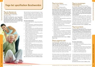 67Anmeldeformular siehe S. 231 · Info/Anmeldung Tel.: BM 05234/870 · WW 02685/80020 · NO 04426/9041610 · AL 08361/925300Kursinformationen und Tagesablauf: siehe S. 4+45 · Seminarleiter-Beschreibungen ab S. 9266
YOGALEHRER/INWEITERBILDUNG
YOGABEISPEZIFISCHENBESCHWERDEN
YOGABEISPEZIFISCHENBESCHWERDEN
Yoga für Menschen mit
besonderen Beschwerden
22.-29.8.21 BM, SL: Sukadev Bretz,
Ma Deva Rany Serra
Was gilt es zu beachten, wenn Yogaschüler
besondere Probleme wie Gelenk-, Rücken-,
Atembeschwerden haben, wenn sie körperliche
Besonderheiten haben oder die normale Yoga
Vidya Reihe nicht beherrschen?
Wertvolle Tipps für gemischte Gruppen, für spe-
zialisierte Gruppen sowie für Privatstunden. Gibt
eintiefesVerständnisfürGesundheit,Umgangmit
Krankheit und Heilung. Mit vielen Übungen, die
über das in der Yoga Vidya Ausbildung Gelernte
hinausgehen und darauf aufbauen.
Du lernst insbesondere:
» Die Grundprinzipien für „Yoga bei besonderen
Problemen“
» Yoga für den Rücken, unspeziﬁsche Probleme
» Yoga bei Nackenproblemen und Probleme des
oberen Rückens
» Yoga bei Problemen des Lenden/Kreuzbereichs
» Yoga bei Bandscheibenvorfall, Scheuermann,
Morbus Bechterew, künstliche Versteifungen,
Ischialgie, Arthrose, Hexenschuss
» Yoga bei Gelenkproblemen: Arthritis und Ar-
throse; bei Rheuma und Gicht
» Yoga bei Problemen der einzelnen Gelenke:
Finger,Hand,Karpaltunnel-Syndrom,Ellbogen,
Schulter, Hüftgelenk, Knie, Fuß
» Yoga bei Schlafstörungen
» Kopfweh: Spannungskopfschmerz, Migräne
» Yoga bei Beschwerden des Atmungssystems,
speziell Asthma
» YogafürsHerz:YogabeiBluthochdruck,Arterio-
sklerose,Krampfadern,anderenHerzproblemen
» Yoga bei Beschwerden des Nervensystems:
Multiple Sklerose, Parkinson, Schlaganfall,
Altersdemenz
» Yoga für Behinderte
» Yoga im Rollstuhl
» Yoga mit Senioren
» Yoga Vidya Reihe für Menschen, die sich nicht
selbständig hinlegen und aufstehen können
MZ 574€, DZ 691€, EZ 813€, S/Z/Womo 480€
Yoga für den Rücken
15.-17.1.21 BM, SL: Ramashakti Sikora,
19.-21.2.21 WW
2.-4.7.21 BM, SL: Wolfgang Keßler,
13.-15.8.21 WW, SL: Charry Devi Ruiz
Rückengerechtes Yoga verlangt einerseits ein
theoretisches Grundverständnis für das Pro-
blem und andererseits Einfühlungsvermögen.
Beides wird durch das praktische Anwenden
und Erlernen dieser Kenntnisse vermittelt:
» Die häuﬁgsten Ursachen und Symptome für
Rückenprobleme
» AnpassungderYogaVidyaReiheanspeziﬁsche
Rückenbeschwerden
» Was fördert die Prävention und evtl. Besserung
bzw.HeilungwelcherArtvonRückenbeschwerden
» Was ist in welcher Situation zu vermeiden
» Aufbau einer Rückenstunde
» Gezielter Muskelaufbau und Entwicklung von
Muskelkraft
» Dehnübungen zur Entspannung bestimmter
Muskelgruppen
» Eingehen auf die wichtigsten Problembilder:
Bandscheibenvorfall, Hexenschuss, Verspan-
nungen, Fehlstellungen der Wirbelsäule, Be-
schwerden in der Lendenwirbelsäule, Brust-
wirbelsäule, Halswirbelsäule
MZ 180€, DZ 216€, EZ 251€, S (nur in BM)/Z/
Womo 155€
Asanas anatomisch exakt
12.-14.11.21 BM, SL: Udo Demmig
Jede Bewegung, jede Asana ein Vers eines
Gedichtes, dass du selbst schreibst, das dich
nährt und dein inneres Sein balanciert.
Du wirst kreative Übungsfolgen entwickeln, diese
wie in einem Puzzle zusammenfügen, indem du
von einer zur nächsten Position im Fluss mit der
Dynamik der einzelnen Sequenzen gleitest, leicht,
ﬂexibel und Yoga fühlst, atmest und lebst.
Die Asanas werden von der Basis aufgebaut und
nach und nach der Schwierigkeitsgrad erhöht, am
GipfelangekommenistdasinnereFeuerentfesselt
und lässt Körper und Geist frei und erfüllt sein.
MZ 147€, DZ 179€, EZ 215€, S/Z/Womo 119€
Yoga bei stressbedingten
Rückenproblemen
17.-19.12.21 BM, SL: Pranava Heinz Pauly
Die meisten Personen, die wegen Rücken-
schmerzen zum Arzt gehen, haben statistisch
gesehen keinen akuten Bandscheibenvorfall,
sondern die Rücken- und Schulterprobleme
sind oft primär auf Muskelverspannungen
und ein durch Stress gereiztes Nervensystem
zurückzuführen.
Viele Betroffene geben auch selbst „Stress“ als
Ursache für ihre Beschwerden an. In dieser Wei-
terbildung lernst du, Yogastunden für dieses
speziﬁsche Problemfeld zu gestalten. Dabei wer-
den neben Asanas auch spezielle Atem- und
Entspannungsübungen sowie mentale Techniken
eingesetzt, um die Schmerzen aufzulösen.
MZ 180€, DZ 216€, EZ 251€, S/Z/Womo 155€
Yoga für die Gelenke
3.-5.12.21 WW, SL: Manuja Ferrari
Therapeutische Übungsreihen für die Gelenke
und Wirbelsäule. Zur Flexibilisierung, Verbes-
serung oder Auﬂösung von Gelenkproblemen.
Für diese abwechslungsreichen Sequenzen sind
keine besonderen körperlichen Voraussetzungen
notwendig; sie können in jedem Alter ausgeführt
werden. Verbinde wissenschaftliche Erkenntnisse
aus Medizin und Physiotherapie mit klassischen
Yogastilen.
Du lernst insbesondere:
» Grundlagen von Gelenken
» Grundlagen zum Zusammenhang von Ernäh-
rung und Gelenken
» Grundlagen von Pawan Muktan Asana Reihen,
TherapeutischeÜbungen,KundaliniYoga-Tech-
niken und Yoga auf dem Stuhl
» Ursachen von Gelenkproblemen
» Aufbau einer Gelenkyogastunde
In allen Sequenzen erfolgt die Ausrichtung auf die
Atmung,AchtsamkeitundnachdenÜbungsreihen
die passenden Endentspannungs-Techniken. Ge-
eignet für Yogalehrer und Yogatherapeuten zur
Gruppenleitung sowie zum Aufbau von Einzel-
behandlungen.
MZ 180€, DZ 216€, EZ 251€, Z/Womo 155€
Yoga bei speziﬁschen Beschwerden
YOGALEHRER/INWEITERBILDUNG
 