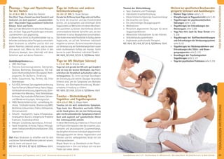 69Anmeldeformular siehe S. 231 · Info/Anmeldung Tel.: BM 05234/870 · WW 02685/80020 · NO 04426/9041610 · AL 08361/925300Kursinformationen und Tagesablauf: siehe S. 4+45 · Seminarleiter-Beschreibungen ab S. 92
YOGALEHRER/INWEITERBILDUNG
68
YOGABEISPEZIFISCHENBESCHWERDEN
YOGABEISPEZIFISCHENBESCHWERDEN
Physioga - Yoga und Physiotherapie
für den Rücken
22.-27.8.21 BM, SL: Maha Devi Deemter
Das Wort Yoga stammt aus dem Sanskrit und
bedeutet „ins Joch spannen“, „zusammenbin-
den“. Was bindet Yoga zusammen? Sicherlich
Körper, Geist und Seele.
AberauchdenMenschenmitdemreinenBewusst-
sein, mit Gott. Yoga und Physiotherapie verbinden
und bereichern sich gegenseitig.
In diesem Kurs lernst du Krankheitsbilder klar zu
befundenunddarausdeineTherapiezuentwickeln.
Klare Strukturen zu schaffen und für dich und
deinen Patienten jederzeit wissen, was du wann
und warum tust. Wenn du dich sicher in den
Strukturen bewegst, dann überträgt sich diese
Sicherheit auch auf deinen Patienten.
Ausbildungsthemen u.a.:
» LWS: Red Flags
» Flexions-Extensionsprobleme, Gleitwirbel,
Skoliose, Bechterew, Osteoporose, ISG Indi-
kation-KontraindikationenÜbungsplan,Heim-
programm, Do´s & Don‘ts , Ernährung
» Hüfte: Coxarthrose, Tep, Perthes, OD, freier
Gelenkkörper
» Fuß: OSG, Arthrose, Sprunggelenksverletzung,
FascitisPlantaris,Marschfraktur,HalluxValgus,
Achillessehnenverletzung,Kapselmuster,Dehn-
techniken Knie Meniskus, freier Gelenkkörper,
Arthrose, Tep, muskuläre Affektionen, Sehnen-
und Bänderverletzungen, Heilungszeiten
» HWS: Bandscheibenvorfall, -vorwölbung, Ar-
throse, Schleudertrauma, Blockierung BWS,
Bechterew,Scheuermann,Fraktur,Osteoporose,
Herzsensationen
» Schulter: Impingment, Supra-Infraspinatus-
tendopathien, Bursitis, energetische Probleme
Frakturen, Totalendoprothese
» Ellbogen: Loosebody, Epicondylus, Arthrose
» Hand: Instabilität, Arthrose, Fraktur, Heilungs-
zeiten Indikationen/Kontraindikationen DSG,
Tapetechnik
Ziel: Klare Strukturen zu schaffen und für dich
und deinen Teilnehmer/Klienten jederzeit wissen,
was du wann und warum tust.
MZ 391€, DZ 476€, EZ 563€, S/Z/Womo 323€
Yoga bei Arthrose und anderen
Gelenkserkrankungen
22.-24.1.21 BM, SL: Ruzan Davtyan
Gerade bei Arthrose kann Yoga sehr viel helfen.
Du lernst die Ursachen und das Krankheitsbild
kennen, um so kompetent und einfühlsam deine
Yogastunden auf Menschen mit diesen Beschwer-
den ausrichten zu können. Von Arthrose können
unterschiedliche Gelenke betroffen sein, die den
Teilnehmer in seiner Beweglichkeit einschränken.
DiesforderteinehoheFlexibilitätimAufbaudeiner
Yogastunde, um auf alle Teilnehmer individuell
eingehen zu können. Du lernst besonders Asanas
zur Verbesserung der Gelenkbeweglichkeit sowie
einen stufenweisen Aufbau der Asanas. Somit
kannst du jeden Teilnehmer individuell fördern.
MZ 180€, DZ 216€, EZ 251€, S/Z/Womo 155€
Yoga bei MS (Multiple Sklerose)
5.-7.3.21 BM, SL: Brigitte Heitz
Yoga hat sich gerade bei MS sehr gut bewährt
und ist eine der besten Methoden, das Fort-
schreiten der Krankheit aufzuhalten oder zu
verlangsamen. Du lernst wichtige Grundlagen
der Erkrankung und welche Übungen besonders
hilfreich sind, um die Symptome von Multipler
Sklerose, wie Gleichgewichtsstörung, Muskel-
schwäche, Ermüdung zu mildern.
MZ 180€, DZ 216€, EZ 251€, S/Z/Womo 155€
Tinnitus - Weiterbildung für
Yogalehrer und Yogatherapeuten
30.4.-2.5.21 BM, SL: Bhajan Noam
Tinnitus ist ein weit verbreitetes Symptom.
Yoga kann den Menschen wertvolle Hilfen
an die Hand geben, die sie eine Verbesserung
oder ein Verschwinden des Symptoms erfahren
lässt und zugleich auf ganzheitliche Weise
ihre Lebensqualität anhebt.
In dieser Weiterbildung erhältst du in Theorie und
viel Praxis Informationen über die Ursachen, ana-
tomische und physiologische Zusammenhänge,
das Vorgehen mit einem individuell abgestimmten
Übungsprogramm bei deinen Yogaschülern und
Klienten und ein umfangreiches Skript mit viel
Hintergrundwissen.
Bhajan Noam ist u.a. Gastdozent an der Physio-
therapieschule in Ulm und befasst sich mit dem
Thema seit vielen Jahren.
Themen der Weiterbildung:
» Spez. Anatomie und Physiologie
» Individuelle Ursachenforschung
» Körperlich/seelisch/geistige Zusammenhänge
» Die Ursachen von Stress
» Ein vielschichtiges Übungsprogramm
» Meditationen
» Persönlich abgestimmte Übungen für deine
Yogaschüler/Klienten
» Wesentliche Informationen für den Klienten
» Selbstbehandlungsmethoden
» Ergänzende professionelle Therapien
MZ 180€, DZ 216€, EZ 251€, S/Z/Womo 155€
Weitere bei speziﬁschen Beschwerden
geeignete Seminare und Ausbildungen:
» Rücken Yoga Lehrer siehe S. 31
» Klangtherapie im Yogaunterricht sieheS.89
» Yogatherapie bei psychosomatischen
Störungen siehe S. 208
» Yogatherapie bei Erkrankungen der
Atemorgane siehe S.209
» Yoga fürs Herz nach Dr. Dean Ornish siehe
S. 209
» Yogatherapie bei Stoffwechselstörungen
und Erkrankungen des Verdauungssystems
siehe S.210
» Yogatherapie bei Rückenproblemen und
Erkrankungen des Stütz- und Bewe-
gungsapparates siehe S. 210
» Grundlagen der Psychologischen
Yogatherapie siehe S. 217
» Yoga bei psychischen ProblemensieheS.218
YOGALEHRER/INWEITERBILDUNG
 