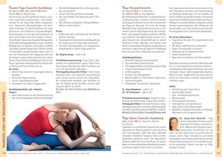 119Anmeldeformular siehe S. 231 · Info/Anmeldung Tel.: BM 05234/870 · WW 02685/80020 · NO 04426/9041610 · AL 08361/925300Tagesablauf, Seminarbeginn und -ende: siehe S. 4 · Alle Seminare mit Meditation, Mantra-Singen, Yogastunden118
TRAINER/IN,KURS-UNDÜBUNGSLEITER/IN
Faszien Yoga Trainer/in Ausbildung
24.-29.1.21 BM, 30.5.-4.6.21 BM, 29.8.-
3.9.21 WW, SL: Brigitta Kraus
Hier lernst du, wie eine speziﬁsche Faszien-orien-
tierte Yoga Praxis aussehen kann – mit entspre-
chenden an die Yoga Vidya Reihe angepassten
bzw. integrierten Übungsabfolgen und wert-
vollen Hinweisen für deine Teilnehmer für vitale
Spannkraft und körperliche Leistungsfähigkeit.
Faszientraining ist auch ideal als Prophylaxe vor
Sportverletzungen und einen starken, schmerz-
freienRücken.Faszien,dasmuskuläreBindegewebe,
sindanjederBewegungbeteiligt.Einguttrainiertes
Bindegewebe ist elastisch und zugleich reißfest
undkräftig.SinddieFasziennicht“verﬁlzt”bleiben
wir beweglich und geschmeidig. Daher lohnt es
sich, den Schwerpunkt der Yogapraxis öfter auf
die Faszien zu legen. Genau das lernst du in dieser
Faszien Yoga Trainer/in Ausbildung in Theorie und
Praxis.SpannendewissenschaftlicheErkenntnisse
in Theorie und Praxis ﬂießen mit ein.
Du lernst:
» Deinen Yoga Unterricht fasziengerecht(er) zu
gestalten
» Sinnvolles Faszientraining
» Faszien Yoga Beispielstunden
» Konzeption von Faszien-Yogastunden
Ausbildungsinhalte und -themen:
Theorie:
» Neue Erkenntnisse aus der Faszienforschung
» Wie wird Bindegewebe kräftig und belastbar?
» WiebleibtBindegewebebisinsAltergeschmei-
dig und elastisch?
» Faszien als unser größtes Sinnesorgan
» Das neue Modell vom Körpernetzwerk (‚Ten-
segrity’)
» Die4TeiledesmyofaszialenTrainings:Beleben-
Dehnen-Federn-Spüren
Praxis:
» Praktisches Üben und Erleben der vier Teile des
Faszien-Trainings
» Fasziengerechte Variationen und Abwandlung
der Asanas und der Yoga Vidya Grundreihe
» Sinnvolle Übungsabläufe und Integrations-
möglichkeiten in deinen Yoga Unterricht
SL: Brigitta Kraus - siehe S. 92
Teilnahmevoraussetzung: Yoga Lehrer Aus-
bildung und systematische eigene Yoga Praxis.
Keine akuten Beschwerden. Bitte Tennisball und
evtl. eine Faszienrolle mitbringen.
Prüfung/Abschluss/Zertifikat: Schriftliche
Dokumentation und praktische Ausarbeitung
einer kurzen Faszien-orientierten Yoga-Reihe.
Bei erfolgreichem Bestehen und Teilnahme an
allen UE erhältst du das Zertiﬁkat „Faszien Yoga
Trainer/in (BYV)”. Ca. 60 UE.
MZ 490€, DZ 576€, EZ 663€, S (nur BM)/Z/Womo
423€
Yoga Personaltrainer/in
23.-30.4.21 BM, SL: Uli Schuchart
22.-29.8.21 WW, SL: Kay Hadamietz
Die Ausbildung befähigt dich, im klassischen Per-
sonaltraining aktiv zu werden. Statt mit Hanteln
und Stoppuhr arbeitest du mit den Instrumenten
des Yoga und Ayurveda. Du lernst, die richtige
Methode für die individuelle Konstitution zu ent-
wickeln und mit Yoga Entspannung oder Therapie,
Kraft- oder Ausdauertraining anzubieten. Mit den
ayurvedischen Grundkenntnissen kannst du in
jeder Situation die richtige Methode für deinen
Teilnehmer ﬁnden. Manager und Künstler sind
bereit,einindividuellesProgrammentsprechendzu
honorieren.Yogaisthiergefragt!InderAusbildung
lernst du auch, diese Zielgruppe anzusprechen.
Ausbildungsthemen:
» Anatomie klassisch und ayurvedisch
» Ayurveda-Basics (Konstitution)
» Trainingslehre Basics und Umsetzung mit Yoga
» Yoga als psychologische Hilfe
» Ernährungslehre
» Erstellen von Übungsplänen
» Marketing/PR zur Interessenten-Gewinnung
» rechtliche Aspekte
» Fallbeispiele, Simulationen, Workshops
SL: Kay Hadamietz - siehe S. 38
SL: Uli Schuchart - siehe S. 98
Teilnahmevoraussetzungen: Yogalehrer-Aus-
bildung. Grundkenntnisse in Ayurveda hilfreich.
Prüfung/Zertiﬁkat: Praktische Prüfung im Aus-
bildungssetting.KurzeschriftlicheAbschlussarbeit.
Zertiﬁkat„YogaPersonaltrainer(BYVG)“.Ca.80UE.
MZ662€,DZ781€,EZ901€,S(nurBM)/Z/Womo568€
Yoga Dance Trainer/in Ausbildung
29.8.-5.9.21 BM, SL: Jnana Devi Heinrich,
Lilly Fortuna
YogaDanceisteinﬂießenderYogaStil,derzueiner
abgestimmten Musik ausgeführt wird und somit
eine Choreographie ergibt. Mit dieser Methode
entwickeln Teilnehmer Ausdauer, Kraft und Be-
weglichkeit spielerisch weiter. Die tänzerischen
Elemente geben der Kreativität Raum. Du kannst
dabeimitunterschiedlichstenMusikstilenarbeiten
und deinen eigenen Ideen freien Lauf lassen.
Eine Yoga Dance Stunde beinhaltet immer ein bis
zwei Pranayama-Techniken, eine Aufwärmphase
mit Mobilisationsübungen für die Gelenke, die
schon auf Musik ausgeführt werden. Im Hauptteil
werden dann ﬂießende Sonnengrüße oder Asana-
Abfolgen in einzelnen Blöcken aufgebaut und am
Schluss zusammengesetzt. Den Höhepunkt der
Stunde bildet somit das Ausführen der erlernten
Choreographie auf ein bestimmtes Musikstück.
Du lernst insbesondere:
» Yoga Dance Stunden für verschiedene Level
aufzubauen
» Mit Musik und Rhythmus umzugehen
» Eigene Choreograﬁen zu kreieren
» Einbeziehung von Raumelementen
» Kreativitätstechniken
» Sporttheorie, Anatomie und Trainingslehre
Yoga Dance kannst du als Kreativ-Workshop oder
Kurs in unterschiedlichen Kontexten anbieten –
zum Beispiel an Bildungseinrichtungen, aber auch
imTheater-,Musik-odertherapeutischenKontext.
Wenn du schon Yogalehrer/in bist, kannst du Ele-
mente von Yoga Dance in deinen Yogaunterricht
einﬂießen lassen.
Inhalt:
» Vermittlung eines Yoga Tanzes
» Kreativitätstechniken
» Takt- und Rhythmusschulung
» Musikauswahl
» Choreographie-Schulung
» Trainingslehre und Sporttheorie
» Yoga Vidya Unterrichtsprinzipien
» Beispiele zu Yoga Dance Stunden für Anfänger,
Mittelstufe und Fortgeschrittene
SL: Jnana Devi Heinrich - Yoga
Lehrerin, Asana Flow Trainerin und Yin
Yoga Lehrerin; Fitness- und Tanztrai-
nerin. Während des Studiums Sport-
wissenschaft beschäftigte sie sich
schon mit dem Thema Tanz. Sie unterrichtet seit
einigen Jahren Yoga, Fitnesskurse und leitete
Tanzgruppen. Ihre Freude an Bewegung und dem
körperlichen Ausdruck im Tanz verbindet sie ger-
ne mit spirituellen Themen und dem zur Ruhe
kommen im Geist.
TRAINER/IN,KURSUNDÜBUNGSLEITER/IN
 