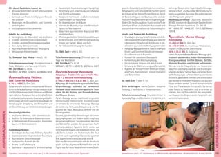 183Anmeldeformular siehe S. 231 · Info/Anmeldung Tel.: BM 05234/870 · WW 02685/80020 · NO 04426/9041610 · AL 08361/925300Tagesablauf, Seminarbeginn und -ende: siehe S. 4 · Alle Seminare mit Meditation, Mantra-Singen, Yogastunden
AYURVEDAAUSBILDUNGEN
182
AYURVEDAAUSBILDUNGEN
Mit dieser Ausbildung kannst du:
» Verjüngungstechnikenfürdichselbstunddeine
Klienten einsetzen
» Seminare zum Thema Anti Aging und Gesund-
heit anbieten
» Beratungen im Gesundheits- und Kosmetik-
bereich geben
» Verjüngungstechniken anwenden
Inhalte der Ausbildung:
» Hintergründe der Gesundheit und des Alterns
» Erstellen gezielter Ernährungskonzepte
» Erstellen gezielter Körperbewegungspläne
» Anti-Aging-Mentaltechniken
» Ayurveda-Anwendungen zur Verjüngung
» Verjüngungs-Kräutermasken
SL: Damodari Dasi Wloka - siehe S. 139
Teilnahmevoraussetzung: Grundkenntnisse in
Yoga, Meditation und Ayurveda hilfreich.
Mit Zertiﬁkat. Ca. 60 UE.
MZ 490€, DZ 576€, EZ 663€, S/Z/Womo 423€
Ayurveda Beauty, Wellness
und Kosmetik Ausbildung
9.-16.5.21 BM, SL: Galit Zairi
AufpraxisnaheundleichtumzusetzendeWeiseer-
lernstdudieMukabhyanga–dieayurvedischeKopf-
undGesichtsmassage,stellstUbatanasundMasken
nachindischenRezepturenherunderhältstEinblick
invieleanderewirkungsvolleAnwendungsmöglich-
keiten, sowie wertvolle praktische Grundlagen für
Gestaltung der Umgebung, der Atmosphäre und
der Durchführung von Schönheitsbehandlungen.
Einsatzmöglichkeiten:
» Im eigenen Wellness- oder Kosmetikstudio
» Als Kurs für interessierte Kosmetikerinnen
» In Wellnesshotels, Fitnesscentern, Kurkliniken,
Sauna mit Wellnessbereich
Ausbildungsthemen:
» GrundlagendesAyurveda:TriDosha,Agni,Ama
» KonstitutionstestmitpersönlicherAuswertung
» Ayurvedische Gesichtsmassage
» Fachgerechte Auswahl der Öle
» Aroma- und Farbtherapie
» Saundarya – ayurvedische Schönheitspﬂege
» Hautanalyse, Hauterkrankungen, Hautpﬂege
» Herstellung und Anwendung von Ubatanas
und Frischfruchtmasken
» Rezepturen für Kräuter- und Schönheitsbäder
» Empfehlungen zur Haarpﬂege
» Die Anwendungen der Kräuter
» Erlernen der Mukabhyanga unter Berücksich-
tigung der Marmapunkte
» Ablauf einer ayurvedischen Beauty und Well-
nessbehandlung
» Effektive,ganzheitlicheSchönheitsempfehlungen
» Vorbereitungen einer Wellnessbehandlung,
Einsatz von Farben, Musik und Duft
» Der individuelle Umgang mit Kunden
SL: Galit Zairi - siehe S. 153
Teilnahmevoraussetzung: Offenheit auch für
Yoga und Meditation.
Mit Zertiﬁkat. Ca. 81 UE.
MZ 662€, DZ 781€, EZ 901€, S/Z/Womo 568€
Ayurveda Massage Ausbildung
Abhyanga – Traditionelle ayurvedische Mas-
sage – 2 Wochen Intensivausbildung
5.-19.3.21 BM, 25.7.-8.8.21 BM, SL: Galit Zairi
Abhyanga, die traditionelle ayurvedische Ganz-
körpermassage, verbindet auf harmonisch
ﬂießende Weise mehrere therapeutische Tech-
niken, die der Heilung und Gesunderhaltung
des Körpers dienen.
Für die Massage werden traditionell hergestellte
hochwirksame medizinische Ölzubereitungen
verwendet. So bewirkt die Abhyanga-Massage
die Lockerung, Stimulanz, Entspannung und Re-
gulation der Haut, Muskulatur, Gelenke und des
Nervengewebes.
Gezielte, gleichmäßige Streichungen aktivieren
das Lymphsystem und fördern so die Entgiftung
des gesamten Körpers. Sie intensivieren den Fluss
von Nährstoffen und den Abtransport von Stoff-
wechselprodukten. Spezielle Griffe wirken auf
tieferliegende Organe und Gewebsschichten, wie
z.B. Darm, Lungen und Rückenmark. Die Haut
gewinnt durch regelmäßige Ölanwendung schnell
ihre Jugendlichkeit und Elastizität zurück.
Über das Nervensystem wirkt sich die Berührung
positiv auf das allgemeine Wohlbeﬁnden und die
Psycheaus.AufdieseWeisekönneninneresGleich-
gewicht, Gesundheit und Zufriedenheit einkehren.
AbhyangamitihrenverschiedenenFormenspricht
denKörperaufderfeinstofﬂichenEbenean.Durch
die Berücksichtigung der Marmapunkte wird der
FlussvonPrana(Lebensenergie)imOrganismusge-
fördert. Die Berührung dieser Punkte erschafft die
Einheit von Körper und höherem Bewusstsein und
setztsomitdieInformationenzurSelbstheilungfrei.
Inhalte und Themen der Ausbildung:
» Grundlagen des Ayurveda: Tridosha-Lehre, Er-
nährungsempfehlungen (Ahara), ayurvedische
Lebensweise (Dinacharya), Einführung in ver-
schiedene ayurvedische Reinigungsmethoden
» AbhyangaMassagetechnikinTheorieundPraxis
Einzel- und Synchron Ganzkörpermassage
» Grundkenntnisse in Anatomie
» Auswahl der passenden Massageöle
» Vorbereitung der Arbeitsumgebung
» Der indivduelle Umgang mit dem Kunden
» Schulung der Wahrnehmung und Sensibilität
» Aspekte der feinstofﬂichen Arbeit am Körper,
wie Prana, Energiekörper, innere Intelligenz
und Natürlichkeit
SL: Galit Zairi - siehe S. 153
Bitte mitbringen: warme Socken, bequeme
Kleidung, 2 Handtücher, 1 Kompressentuch.
Teilnahmevoraussetzung: Grundkenntnisse in
Ayurveda, Yoga und Meditation erforderlich, z.B.
vorheriger Besuch eines Yoga Vidya Einführungs-
seminars. Auch als Ayurveda Weiterbildung für
bereitsausgebildeteAyurveda-Gesundheitsberater
oder Therapeuten geeignet.
Abschluss/Zertiﬁkat: „Ayurveda Masseur/in
(BYVG)“. Anerkannter Baustein der Ganzheitlichen
Massage Therapie Ausbildung. Ca. 160 UE.
MZ 1.259€, DZ 1.496€, EZ 1.741€, S/Z/Womo
1.072€
Ayurvedische Marma Massage
Ausbildung
21.-28.2.21 BM, SL: Galit Zairi
20.-27.8.21 WW, SL: Anantharavi Thillainathan,
Englisch mit deutscher Übersetzung
26.9.-3.10.21 BM, SL: Julia Lang
Lerne die ayurvedische Marma Massage pro-
fessionell anzuwenden. In den Marmapunkten
(Energiepunkten) treffen Bänder, Gefäße,
Muskeln, Knochen und Gelenke aufeinander.
Marmas sind der Hauptsitz der drei Bioenergien
Vata, Pitta und Kapha sowie der drei Grundeigen-
schaftenderNaturSattva,RajasundTamas.Durch
sanfteBewegungenaufeinemMarmapunktkönnen
Giftstoffe, gebundene Energien und unterdrückte
oderblockierteEmotionenfreigesetztundausdem
Körper entfernt werden. So wird der harmonische
Fluss des Prana wieder hergestellt. Du lernst,
diese Punkte zu lokalisieren und so an ihnen zu
arbeiten, dass die Gesundheit in den verschiede-
nen Organen des Körpers wieder hergestellt oder
aufrechterhalten wird.
 