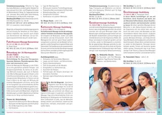 191Anmeldeformular siehe S. 231 · Info/Anmeldung Tel.: BM 05234/870 · WW 02685/80020 · NO 04426/9041610 · AL 08361/925300Tagesablauf, Seminarbeginn und -ende: siehe S. 4 · Alle Seminare mit Meditation, Mantra-Singen, Yogastunden
MASSAGEAUSBILDUNGEN
190
MASSAGEAUSBILDUNGEN
Teilnahmevoraussetzung: Offenheit für Yoga,
Ayurveda,MeditationundSpiritualität.Geeignetfür
LaienwieauchfürinHeil-undPﬂegeberufensowie
im Wellnessbereich Tätige, für Yogapraktizierende
und -lehrende. Bitte weiße (oder helle) Kleidung,
Schreibmaterial und Buntstifte mitbringen.
Abschluss/Zertiﬁkat:Selbstreﬂektierendeschrift-
liche Abschlussarbeit. Ca. 120 UE.
MZ918€,DZ1.087€,EZ1.261€,S/Z/Womo784€
(Teil 1+2 zusammen, sowie kompakt)
WegendesumfangreichenAusbildungsprogramms
wird als Einstieg die Teilnahme an einem Basis-
seminar empfohlen, das natürlich auch einfach
zum Kennenlernen der Methode und als Ent-
spannungswochenende besucht werden kann:
Fußreﬂexzonen Massage Basisseminar
29.-31.1.21 BM, 23.-25.7.21 BM,
SL: Bhajan Noam
MZ 180€, DZ 216€, EZ 251€, S/Z/Womo 155€
Behandlung der 36 Marmapunkte
an den Füßen
26.-28.11.21 BM, SL: Bhajan Noam
Weiterbildung für Ayurveda-Therapeuten,
Ayurveda-Masseure, Physiotherapeuten, Mas-
seure und interessierte Laien.
Erlerne die Marmapunkt Massage an den Füßen.
Sie ist eine ganzheitlich wirkende Therapie- und
Entspannungsmethode. Du kannst sie als allei-
nige Methode einsetzen, aber auch im Rahmen
einer Marma Massage des ganzen Körpers, einer
Fußreﬂexzonenbehandlung oder einer physio-
therapeutischen Behandlung. In Theorie und viel
Praxis erfährst du die Lage und Wirkung der
einzelnen Marmapunkte und lernst, wie du über
sie mit Feingefühl und unterschiedlichen Griffen
einzelneOrganeundKörperbereichegezieltstimu-
lieren kannst. Erfahre die 36 Marmapunkte an den
Füßen als eine wertvolle Möglichkeit, tiefgehende
Veränderungenzuerzielen.BegleitendzumSeminar
erhältst du ein Skript und Kartenmaterial.
Themen der Weiterbildung:
» Ganzheitliche Wirkung einer Marma Massage
» DasSystemderMarmapunkteundihreFunktion
» Die 36 Marmapunkte an den Füßen
» Fuß Anatomie
» Lage der Marmapunkte
» Wirkung der einzelnen Punkte/Organbezüge
» PraktischesÜbenverschiedenerGrifftechniken
» Behandlungsaufbau und -ablauf
» Energetisches Einfühlen
» Kombination mit anderen Methoden
SL: Bhajan Noam - siehe S. 92
MZ 180€, DZ 216€, EZ 251€, S/Z/Womo 155€
Kalifornische Massage Ausbildung
5.-12.3.21 WW, SL: Eric Vis Dieperink
DieKalifornischeMassagevereintdiewirkungs-
vollsten Techniken verschiedener Massagestile.
Sie entspannt die Muskulatur, lockert und stärkt
die Gelenke und das Immunsystem. Durch tiefe
Massagestriche wird der ganze Körper gedehnt
undgestreckt,sokönnensichdieMuskelntiefent-
spannenundderEnergieﬂussimganzenKörperwird
harmonisiert.DieAusbildungistsehrpraxisorientiert.
Dulernst,einetiefberührendeGanzkörpermassage
durchzuführenunddabeiaufdeineeigenegesunde
Haltung beim Massieren zu achten.
Ausbildungsinhalte u.a.:
» Achtsames, tief berührendes Massieren
» Lange und tiefe Streich- und Dehneinheiten
» Passive Gelenkmobilisation
» Tiefe Strukturarbeit an den Muskeln
» Energiearbeit zur Harmonisierung
» Ausrichten des Körpers
» Fehlhaltungen des Körpers beseitigen mit
besonderen Techniken
» Optimale eigene Körperhaltung während der
Massage
SL: Eric Vis Dieperink - Sportlehrer,
Yogalehrer nach Oki Do Yoga (Japan)
und Naturheilkundiger. Eric ist seit 30
Jahren ernsthaft auf dem spirituellen
Weg und vermittelt sein Wissen aus
eigenen Erfahrungen. Er praktiziert und bildet in
Massage, Yoga und unterschiedlichen Arten von
Bewegung zur Vorbeugung von Krankheiten aus.
Seine Leidenschaft ist alles, was die Menschen
bewegt, berührt und unterstützt, sowohl auf der
körperlichen, mentalen, emotionellen und spiri-
tuellen Ebene.
Teilnahmevoraussetzung: Grundkenntnisse in
Yoga, Pranayama und Meditation von Vorteil,
aber nicht Bedingung. Offenheit auch für Yoga
und Spiritualität.
Abschluss/Zertiﬁkat: „Kalifornische Massage
(BYVG)“. Ca. 80 UE.
MZ 662€, DZ 781€, EZ 901€, Z/Womo 568€
Ganzkörpermassage Ausbildung
12.-19.9.21 BM, SL: Nilakantha Gieseke
LernedieintuitiveGanzkörpermassagesystematisch
kennen,dazueinigeMassagetechniken,dieschnell
erlernbar sind und gute Wirkungen zeigen. Alte
BlockierungenundVerspannungenkönnensichvon
den Muskeln verabschieden und neue Energie und
VitalitätkönnendurchdenOrganismusﬂießen.Der
Körper wird dadurch energetisch genährt und hat
es leichter, wieder ins Gleichgewicht zu kommen.
Bei der gegenseitigen Massage sammelst du sehr
viel praktische Erfahrung, die du direkt an Klienten
weitergebenkannst.SchwerpunktliegtinderPraxis,
weniger in der theoretischen Wissensvermittlung.
SL: Nilakantha Gieseke - Masseur
für Ayurveda- und Thai-Massage,
Yogalehrer, Yoga Personal Trainer, Me-
ditations- und Atemkursleiter.
Mit Zertiﬁkat. Ca. 60 UE.
MZ 662€, DZ 781€, EZ 901€, S/Z/Womo 568€
Gesichtsmassage Ausbildung
13.-18.6.21 BM, SL: Ramashakti Sikora
In dieser Woche beschäftigen wir uns mit
Gesichtern, deren Ausdruck und damit, wie
wir Menschen helfen können, diesen Gesichts-
ausdruck weicher und harmonischer werden
zu lassen. Bei dieser speziellen Massage können
Menschen in den Alpha-Zustand kommen, wo
der Organismus sich neu ordnen kann und wo-
durch sich allein schon viele Blockaden auf den
verschiedenen Ebenen lösen können. Zusätzlich
stimulieren wir während der Entspannung Reﬂex-
punkte, Meridiane (Anfangs- und Endpunkte der
Yang-Meridiane)undEnergiepunkteundlockerndie
Gesichtsmuskeln.Körper,GeistundSeelekommen
so wieder ins Gleichgewicht, Störungen können
behoben werden, Freude und Harmonie werden
stärker spürbar. Schwerpunkt liegt in der Praxis,
weniger in der Theorie, so dass du diese Massagen
sofort kompetent anbieten und anwenden kannst.
SL: Ramashakti Sikora – siehe S. 39
Mit Zertiﬁkat. Ca. 60 UE.
MZ 490€, DZ 576€, EZ 663€, S/Z/Womo 423€
 