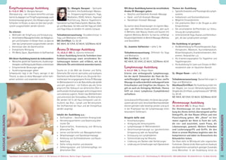 193Anmeldeformular siehe S. 231 · Info/Anmeldung Tel.: BM 05234/870 · WW 02685/80020 · NO 04426/9041610 · AL 08361/925300Tagesablauf, Seminarbeginn und -ende: siehe S. 4 · Alle Seminare mit Meditation, Mantra-Singen, Yogastunden192
MASSAGEAUSBILDUNGEN
Entgiftungsmassage Ausbildung
8.-13.8.21 BM, SL: Mangala Narayani
Übersäuerung – wer ist davon betroffen und was
kannstdudagegentun?Entgiftungsmassage,auch
Azidosemassage genannt, löst Ablagerungen und
Schlacken im Körper, so dass sie über das Lymph-
system ausgeschieden werden können.
Du erlernst:
» Methoden der Entgiftung und Entsäuerung
» VerschiedeneMassagetechniken,dieAblagerun-
gen und Schlacken im Körper lösen, so dass sie
über das Lymphsystem ausgeschieden werden
» Kenntnisse über die Darmfunktion
» Energetische Reinigung
» PH-Werte,Säure-,BasenbildnerimStoffwechsel
Mit dieser Ausbildung kannst du insbesondere:
» Menschen gezielt bei Fastenkuren, Ausleitungs-
therapienundReinigungdesKörpersunterstützen
» Entsprechende Beratungen geben
» Ausleitungsmassagen geben
Schwerpunkt liegt in der Praxis, weniger in der
Theorie, so dass du diese Massagen sofort kom-
petent anbieten und anwenden kannst.
SL: Mangala Narayani - Spirituelle
Künstlerin.IhreAusbildungen:Masseu-
rin, Entspannungstherapeutin, Yoga,
Meditation, OSHO, Heilerin, Hypnose/
Rückführung, Mantra Yogalehrerin.
SpezialisiertaufdasChakraSystem,Mantras,Klän-
ge und Mandalas. Sie liebt und lebt Yoga seit 2005
und Yoga Vidya ist seitdem ihr zweites Zuhause.
Teilnahmevorrausetzung: Grundkenntnisse in
Yoga und Meditation erforderlich.
Mit Zertiﬁkat. Ca. 60 UE.
MZ 490€, DZ 576€, EZ 663€, S/Z/Womo 423€
Aroma Öl Massage Ausbildung
15.-20.8.21 BM, SL: Jeannine Hofmeister
In dieser Ausbildung lernst du Techniken einer
Ganzkörpermassage sowie verschiedene De-
tailmassagen kennen und erfährst, wie du
ätherischeÖleunterstützendanwendenkannst.
Tauche ein in die Welt der Aromen und Düfte.
Ätherische Öle sind ein wertvolles und kostbares
GeschenkvonMutterErdeanuns.DieausderAro-
matherapie hervorgegangene Aroma Öl Massage
imWellnessbereichistinderNaturheilkundebeliebt
und sehr geschätzt – ein Erlebnis das alle Sinne
anspricht! Der Gebrauch von ätherischen Ölen in
wohltuendenAromamassagenwirktentspannend
und stärkend zugleich, fördert das Wohlbeﬁnden
und unterstützt den Stressabbau. Die ätherischen
Öle werden tief in die Haut einmassiert und sti-
mulieren das Blut-, Lymph-und Nervensystem.
Der Stoffwechsel der Haut und der Energieﬂuss
werden angeregt.
Inhalte der Ausbildung u.a.:
» Dufttradition – Geschichtliche Hintergründe
» Herstellungsverfahren und Gewinnung äthe-
rischer Öle
» Eigenschaften, Anwendung und Wirkung
ätherischer Öle
» Lernen und Vertiefen von Massagetechniken
» Detailmassagen und Ganzkörpermassage
» Anleitung von Duftmeditationen und Raum-
beduftung
» Düfte richtig mischen und dosieren
» Selbstregulation und Schönheitspﬂege mit
ätherischen Ölen
Mit dieser Ausbildung kannst du verschiedene
Aroma Öl Massagen geben:
» Gesichts und Dekolleté-Aromaöl-Massage
» Hand- und Fuß-Aromaöl-Massage
» Ganzkörper-Aromaöl-Massage
Du kannst diese Anwendungen im eigenen Mas-
sage- oder Wellness-Studio anbieten, aber auch
in Wellness-oder Beauty-Hotels und Saunen mit
eigenem Wellness-Bereich. So hast du vielfältige
EinsatzmöglichkeitenimBereichMassage,Wellness
und Gesundheit.
SL: Jeannine Hofmeister - siehe S. 94
Teilnahmevoraussetzung: Offenheit für Yoga
und Meditation.
Mit Zertiﬁkat. Ca. 60 UE.
MZ 490€, DZ 576€, EZ 663€, S/Z/Womo 423€
Lymphmassage Ausbildung
4.-9.4.21 BM, SL: Bhajan Noam
Erlerne eine wirkungsvolle Lymphmassage,
bei der durch Stimulation der Haut die Ge-
webeﬂüssigkeit angeregt wird. Diese sanfte
Massage ist außerordentlich wirkungsvoll beim
Entschlacken und Entgiften des Körpers. So
gilt sie auch als Antiaging-Methode. Ebenso
hilft sie einen Lymphstau (Lymphödeme)
aufzulösen.
LernediverseGrifftechniken,mitdenendasLymph-
systemaktiviertwird.VerschiedeBeschwerdebilder
können gelindert oder beseitigt werden und auch
in der Prophylaxe hat die Lymphmassage einen
besonderen Stellenwert.
Beispiele dafür sind:
» Entschlackungskur
» Anregung des Immunsystems
» Lymphmassage im Wellnessbereich
» Gesichtslymphmassage zur ganzheitlichen
Entspannung oder als Hautpﬂege
» Entstauung von Lymphödemen
» Schmerzlinderung bei Rheuma
» Linderung von Narben oder Verhärtungen
» LinderungvonSchwellungennachOperationen
Themen der Ausbildung:
» SpezielleAnatomieundPhysiologiedesLymph-
systems
» Indikationen und Kontraindikationen
» Mögliche Einsatzbereiche
» Viel praktisches Üben in der Gruppe zu allen
Einsatzthemen
» Die verschiedenen Grifftechniken zur Stimu-
lierung des Lymphsystems
» Unterstützende Yoga-Asanas und Atemübun-
gen, die das Lymphsystem anregen
Die Ausbildung ist geeignet:
» AlsWeiterbildungfürPhysiotherapeuten,Ergo-
therapeuten, Masseure, Ayurvedamasseure,
Körpertherapeuten, Krankenschwestern, Heb-
ammen, Heilpraktiker u.ä.
» Als Erweiterungsangebot für Yogalehrer und
Yogatherapeuten
» Als Ausbildung für Laien zum Einsatz im Well-
nessbereich oder im häuslichen Bereich
SL: Bhajan Noam - siehe S. 92
Teilnahmevoraussetzung: Basiserfahrungen in
Yoga und Meditation.
Abschluss/Zertiﬁkat: Die Ausbildung endet mit
der Abgabe von kurzen Behandlungsberichten,
VergabedesZertiﬁkats„Lymphmasseur/in“(BYVG).
Ca. 60 UE.
MZ 490€, DZ 576€, EZ 663€, S/Z/Womo 423€
Atemmassage Ausbildung
10.-20.10.21 BM, SL: Bhajan Noam
Die Atemmassage ist eine manuelle Len-
kung des Atems mittels überwiegend sanfter
Dehngriffe, die ihm Räume öffnen und eine
Flussrichtung geben. Mit „Atem“ ist hier
immer zugleich der Atem in Form der Luft,
die ein- und ausströmt, sowie Prana, die
Lebensenergie, gemeint. Weitere Techniken
sind Lockerungsgriffe und Griffe, die den
Atem in seinem Rhythmus begleiten oder ihn
komprimieren und dabei ins Bewusstsein des
Behandelten heben.
Der Atem steht im Mittelpunkt aller organischen
Funktionen.EbensoistderAtemaucheinAusdruck
deskörperlichenundseelisch-geistigenZustandes
eines Menschen. In der Ausbildung lernst du
MASSAGEAUSBILDUNGEN
 