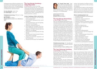 197Anmeldeformular siehe S. 231 · Info/Anmeldung Tel.: BM 05234/870 · WW 02685/80020 · NO 04426/9041610 · AL 08361/925300Tagesablauf, Seminarbeginn und -ende: siehe S. 4 · Alle Seminare mit Meditation, Mantra-Singen, Yogastunden
MASSAGEAUSBILDUNGEN
196
MASSAGEAUSBILDUNGEN
derMassageerzieltwird.NachderAusbildungwirst
duSicherheitinderAnwendungderPositionenund
Variationen haben, eine 90-minütige Massage auf
die Bedürfnisse der Klienten, je nach deren Größe
und Beweglichkeit, abstimmen können.
SL: Anne Wuchold - siehe S. 188
SL: Gundi Nowak - siehe S. 94
Teilnahmevoraussetzung: Offenheit für Yoga
und Meditation.
Mit Zertiﬁkat. Ca. 80 UE.
MZ 662€, DZ 781€, EZ 901€, S(nur BM)/Z/Womo
568€
Thai Yoga Massage Ausbildung -
Heilige Körperarbeit
23.-30.5.21 AL, SL: Cornelia Surya Haag
Erlerne die Durchführung einer 1,5 stündigen
vollständigen Ganzkörper Thai Yoga Massage. Du
wirst Sicherheit in der Anwendung der Positionen
und Variationen bekommen, um die Massage auf
die Bedürfnisse, Größe und Beweglichkeit der
Klienten abstimmen zu können.
In dieser Ausbildung erfährst und lernst du:
» Energien durch Akupressur und Thai Energie
Linien auszubalancieren
» Unterschiedliche Massagetechniken gezielt
einzusetzen
» Die Schlüsselstellungen in der Thai Yoga Mas-
sage kennen und einzubauen
» Variationen, aufbauende Positionen
» Die Grundlagen der Leichtigkeit und der ﬂie-
ßenden Übergänge zwischen den Positionen
» Integration von „Metta“ (liebende Güte) und
Meditation in der Massage
» Die Geschichte und Philosophie der Thai Yoga
Massage
» Durch bewussten Einsatz des eigenen Körpers,
Verletzungen vorzubeugen
» Umgang mit bestimmten Symptomen und
Kontraindikationen
» TherapeutischeWirkungderThaiYogaMassage
SL: Cornelia Surya Haag – Yoga-
lehrerin(BVY),AyurvedaGesundheits-
beraterin und spirituelle Lebensbera-
terin (BYVG), Meditationskursleiterin,
Diplom-Musiklehrerin und Musikerin.
Diverse Weiterbildungen im Bereich Yoga und
Massage (u.a. Thai Yoga Massage).
Intensiver Praxisworkshop.
Mit Zertiﬁkat. Ca. 80 UE.
MZ 662€, DZ 781€, EZ 901€
Thai Yoga Massage Weiterbildung
21.-26.11.21 BM, SL: Gundi Nowak
Diese Thai Yoga Massage Weiterbildung unter-
stütztdich,FortschritteindeinerPraxiszumachen
und mehr Sicherheit in der Kunst der Berührung
zu bekommen. Deine Arbeit an den Energielinien
wird präziser. Du erlangst mehr Klarheit über die
WirkungendeinerBehandlungen.Duerlernstneue
Griffe, Übungen und Variationen. Eine kleine Ein-
führunginAyurvedahilftdirdabei,unterschiedliche
Körpertypenzumassieren.Duerlernstverschiedene
speziﬁsche Techniken und alternative Ansätze. Du
wirst dein Körpergewicht besser nutzen lernen
sowie deine eigene Körperhaltung verbessern, um
müheloser zu arbeiten. Du lernst, eine angenehme
entspannte Atmosphäre zu schaffen und deine
Berührungen vom Herzen kommen zu lassen und
im Geiste liebender Güte (Metta) auszuführen.
Teilnahmevoraussetzung: Thai Yoga Massage
Ausbildung (mindestens 60 Stunden); Offenheit
für Yoga und Meditation.
MZ 391€, DZ 476€, EZ 563€, S/Z/Womo 323€
Thai Yoga Fußmassage Ausbildung
19.-24.9.21 BM, SL: Gundi Nowak
Die Thai Yoga Fußmassage Ausbildung ist eine
Fußmassage nach den Lehren der Traditionellen
Thailändischen Medizin. Nuad Tao heißt übersetzt
„Heilsame Berührung an den Füßen“. Diese Mas-
sage wirkt über die Energielinien, die den ganzen
Körper durchziehen.
Ihre Endpunkte bilden unter den Fußsohlen die
sogenannten Reﬂexzonen. Diese sind einzelnen
KörperorganensowiebestimmtenMuskelgruppen
zugeordnet. Mit gezieltem Druck werden Organe
und Körperfunktionen angeregt und günstig be-
einﬂusst. Der Energieﬂuss des Körpers wird har-
monisiert. Der Geist kommt zur Ruhe und Stress
wird abgebaut.
Du beschäftigst dich sowohl mit dem physischen
Körper als auch mit der Energie eines anderen
Menschen. Du lernst die Techniken mühelos und
bequemauszuführen,deinKörpergewichtundden
RhythmusdeinesAtemszunutzenundeinzusetzen.
Weitere Ausbildungsinhalte sind:
» GrundlagenderEnergielinienundFußreﬂexzonen
» Anatomie der Füße
» Indikationen und Kontraindikationen
» Vorbereitung der Massage
» Angenehm entspannte Atmosphäre schaffen
» Fürsorglicher und empathischer Umgang mit
Klienten
» Natürliches Fußbad bereiten
» Peeling herstellen und anwenden
» Wickel für Füße
» Grifftechniken
» Verwendung des Massagestabes
» Ablauf und Struktur einer 60 minütigen Thai
Yoga Fußmassage
» Streich- und Druckmassage entlang der Ener-
gielinien und Reﬂexzonen
» Eigenes Körpergewicht einsetzen
» Eigenen Atemrhythmus nutzen
» Elemente aus der Thai Yoga Massage
» In meditativer Stimmung massieren
» GeschichtlicherundphilosophischerHintergrund
Du lernst eine Thai Yoga Fußmassage mit einem
Fußbadvorzubereiten,eineangenehmeentspannte
Atmosphäre zu schaffen und deine Berührungen
vom Herzen kommen zu lassen und im Geiste mit
liebender Güte (Metta) auszuführen.
Nach einem wohltuenden Fußbad werden Füße,
Waden und Knie mit Streichungen und verschie-
denen Grifftechniken entlang der Energielinien
massiert. Muskeln und Faszien werden gelockert
undentspannt.Gelenkewerdenmobilisiertunddie
BeweglichkeitderFüßeerhöht.Reﬂexzonenwerden
mitDaumen,FingernundeinemHolzstabstimuliert
und somit Verspannungen und Blockaden gelöst
undSelbstheilungskräfteaktiviert.NuadTaobelebt
denganzenKörper.KostbareundnährendeÖleund
CremesmitKräuteressenzenwirkenunterstützend.
 