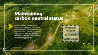 Maintaining
carbon neutral status
In order to make sure Alloy Wire
continues to hit targets, the firm has
partnered with Carbon Neutral Britain,
who work with a number of specialist
organisations, with the focus on
woodland creation, solar/wind and
sustainability projects.
Woodland
creation
Solar/wind
Sustainability
 