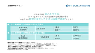 広告文監修に安心をプラス。
『コノハ』サービスご契約企業様の監修済制作物で
なんらかの損害が発生したときは保険が適用*されます。
｜ 監修保障サービス
◆ 主に身体障害・財物損壊が発生する場合
業務の結果
（生産物賠）
支払限度額
1事故 1億円
期間中 10億円
◆ 主に身体障害・財物損壊が発生しない場合
E＆O
（業務過誤賠）
支払限度額
1事故 1,000万円
期間中 10億円
*弊社監修者による目視監修を行った場合に適用されます。
弊社監修者による目視監修を行った制作物については『ツクヨミ』バッジを発行いたします。
『ツクヨミ』バッジが付与された成果物に関しては、契約期間中弊社で情報管理いたします。
弊社にて情報管理されていない制作物に関しては補償されません。
*その他保険適用には条件があります。詳細は弊社までお気軽にお問い合わせください。
*引受保険会社：損保ジャパン日本興亜
 