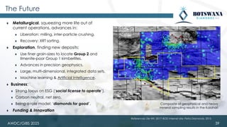 AWDC/GIBS 2025
The Future
⧫ Metallurgical, squeezing more life out of
current operations, advances in:
⧫ Liberation: milling, inter-particle crushing.
⧫ Recovery: XRT sorting.
⧫ Exploration, finding new deposits:
⧫ Use finer grain-sizes to locate Group 2 and
Ilmenite-poor Group 1 kimberlites.
⧫ Advances in precision geophysics.
⧫ Large, multi-dimensional, integrated data sets.
⧫ Machine learning & Artificial Intelligence.
⧫ Business:
⧫ Strong focus on ESG (‘social license to operate’).
⧫ Carbon neutral, net zero.
⧫ Being a role model: ‘diamonds for good’.
⧫ Funding & Innovation
39
References: De Wit, 2017; BOD internet site; Petra Diamonds, 2015
Composite of geophysical and heavy
mineral sampling results in the Kalahari
 