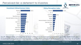 Perceived risk: a deterrent to investors
46
Source: Fraser Survey, 2023
South Africa ranks among the 10 least attractive investment jurisdictions globally, both from an
investment attractiveness and a policy perception perspective. Botswana is in the top 10 of both
AWDC/GIBS 2025
[…] […]
44.76
29.65
97.79
82,75
 