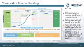 Value extraction and funding
49
Source: Wesizwe, Global Diamond Network
TRADITIONAL SOURCES OF FUNDING
⧫ Different types of
investor for different
project stages.
⧫ Early stage typically
friends and family.
⧫ Some private and
public equity funds
focus on resources.
⧫ Debt financing is
only accessible post
Bankable Feasibility
Study.
AWDC/GIBS 2025
 