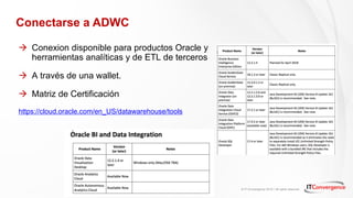 © IT Convergence 2018 • All rights reserved
Conectarse a ADWC
à Conexion disponible para productos Oracle y
herramientas analíticas y de ETL de terceros
à A través de una wallet.
à Matriz de Certificación
https://cloud.oracle.com/en_US/datawarehouse/tools
 