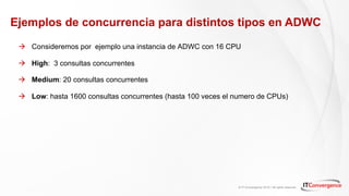 © IT Convergence 2018 • All rights reserved
Ejemplos de concurrencia para distintos tipos en ADWC
à Consideremos por ejemplo una instancia de ADWC con 16 CPU
à High: 3 consultas concurrentes
à Medium: 20 consultas concurrentes
à Low: hasta 1600 consultas concurrentes (hasta 100 veces el numero de CPUs)
 
