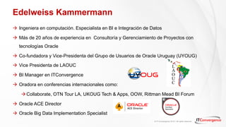 © IT Convergence 2018 • All rights reserved
Edelweiss Kammermann
à Ingeniera en computación. Especialista en BI e Integración de Datos
à Más de 20 años de experiencia en Consultoría y Gerenciamiento de Proyectos con
tecnologías Oracle
à Co-fundadora y Vice-Presidenta del Grupo de Usuarios de Oracle Uruguay (UYOUG)
à Vice Presidenta de LAOUC
à BI Manager en ITConvergence
à Oradora en conferencias internacionales como:
àCollaborate, OTN Tour LA, UKOUG Tech & Apps, OOW, Rittman Mead BI Forum
à Oracle ACE Director
à Oracle Big Data Implementation Specialist
 