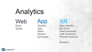 XRApp
Touches
Taps
Slides
Camera
Gyroscope
Web
Clicks
Typing
Gaze direction
Eye focus
Head movement
Limb movement
Physical response
…
Emotion?
Analytics
 