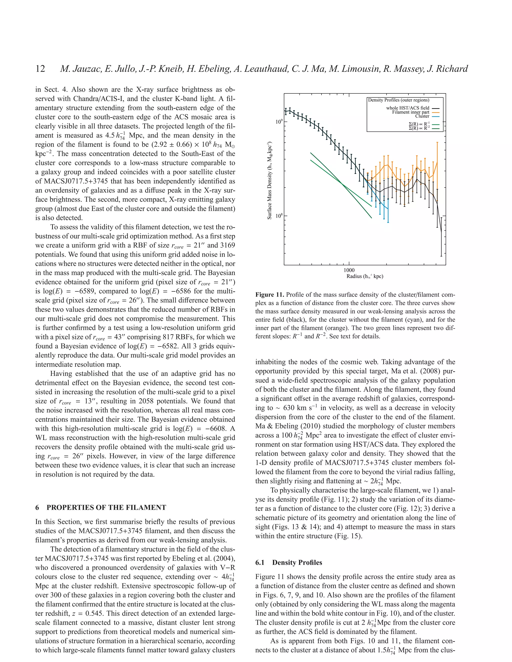 12      M. Jauzac, E. Jullo, J.-P. Kneib, H. Ebeling, A. Leauthaud, C. J. Ma, M. Limousin, R. Massey, J. Richard
in Sect. 4. Also shown are the X-ray surface brightness as ob-
served with Chandra/ACIS-I, and the cluster K-band light. A ﬁl-                                                                      Density Profiles (outer regions)
amentary structure extending from the south-eastern edge of the                                                                                 whole HST/ACS field
                                                                                                                                                  Filament inner part
cluster core to the south-eastern edge of the ACS mosaic area is                                                                                             Cluster
                                                                                                                    109                                   Σ(R) ∝ R-1
clearly visible in all three datasets. The projected length of the ﬁl-                                                                                    Σ(R) ∝ R-2
ament is measured as 4.5 h−1 Mpc, and the mean density in the
                               74
region of the ﬁlament is found to be (2.92 ± 0.66) × 108 h74 M⊙




                                                                              Surface Mass Density (h74 MO kpc-2)
kpc−2 . The mass concentration detected to the South-East of the




                                                                                                         •
cluster core corresponds to a low-mass structure comparable to
a galaxy group and indeed coincides with a poor satellite cluster
of MACSJ0717.5+3745 that has been independently identiﬁed as
an overdensity of galaxies and as a diﬀuse peak in the X-ray sur-
face brightness. The second, more compact, X-ray emitting galaxy
group (almost due East of the cluster core and outside the ﬁlament)
is also detected.                                                                                                   108

      To assess the validity of this ﬁlament detection, we test the ro-
bustness of our multi-scale grid optimization method. As a ﬁrst step
we create a uniform grid with a RBF of size rcore = 21′′ and 3169
potentials. We found that using this uniform grid added noise in lo-
cations where no structures were detected neither in the optical, nor
                                                                                                                          1000
in the mass map produced with the multi-scale grid. The Bayesian                                                           Radius (h74-1 kpc)
evidence obtained for the uniform grid (pixel size of rcore = 21′′ )
is log(E) = −6589, compared to log(E) = −6586 for the multi-              Figure 11. Proﬁle of the mass surface density of the cluster/ﬁlament com-
scale grid (pixel size of rcore = 26′′ ). The small diﬀerence between     plex as a function of distance from the cluster core. The three curves show
these two values demonstrates that the reduced number of RBFs in          the mass surface density measured in our weak-lensing analysis across the
our multi-scale grid does not compromise the measurement. This            entire ﬁeld (black), for the cluster without the ﬁlament (cyan), and for the
is further conﬁrmed by a test using a low-resolution uniform grid         inner part of the ﬁlament (orange). The two green lines represent two dif-
with a pixel size of rcore = 43′′ comprising 817 RBFs, for which we       ferent slopes: R−1 and R−2 . See text for details.
found a Bayesian evidence of log(E) = −6582. All 3 grids equiv-
alently reproduce the data. Our multi-scale grid model provides an
intermediate resolution map.                                              inhabiting the nodes of the cosmic web. Taking advantage of the
      Having established that the use of an adaptive grid has no          opportunity provided by this special target, Ma et al. (2008) pur-
detrimental eﬀect on the Bayesian evidence, the second test con-          sued a wide-ﬁeld spectroscopic analysis of the galaxy population
sisted in increasing the resolution of the multi-scale grid to a pixel    of both the cluster and the ﬁlament. Along the ﬁlament, they found
size of rcore = 13′′ , resulting in 2058 potentials. We found that        a signiﬁcant oﬀset in the average redshift of galaxies, correspond-
the noise increased with the resolution, whereas all real mass con-       ing to ∼ 630 km s−1 in velocity, as well as a decrease in velocity
centrations maintained their size. The Bayesian evidence obtained         dispersion from the core of the cluster to the end of the ﬁlament.
with this high-resolution multi-scale grid is log(E) = −6608. A           Ma & Ebeling (2010) studied the morphology of cluster members
WL mass reconstruction with the high-resolution multi-scale grid          across a 100 h−2 Mpc2 area to investigate the eﬀect of cluster envi-
                                                                                          74
recovers the density proﬁle obtained with the multi-scale grid us-        ronment on star formation using HST/ACS data. They explored the
ing rcore = 26′′ pixels. However, in view of the large diﬀerence          relation between galaxy color and density. They showed that the
between these two evidence values, it is clear that such an increase      1-D density proﬁle of MACSJ0717.5+3745 cluster members fol-
in resolution is not required by the data.                                lowed the ﬁlament from the core to beyond the virial radius falling,
                                                                          then slightly rising and ﬂattening at ∼ 2h−1 Mpc.
                                                                                                                      74
                                                                                To physically characterise the large-scale ﬁlament, we 1) anal-
                                                                          yse its density proﬁle (Fig. 11); 2) study the variation of its diame-
6 PROPERTIES OF THE FILAMENT                                              ter as a function of distance to the cluster core (Fig. 12); 3) derive a
                                                                          schematic picture of its geometry and orientation along the line of
In this Section, we ﬁrst summarise brieﬂy the results of previous
                                                                          sight (Figs. 13 & 14); and 4) attempt to measure the mass in stars
studies of the MACSJ0717.5+3745 ﬁlament, and then discuss the
                                                                          within the entire structure (Fig. 15).
ﬁlament’s properties as derived from our weak-lensing analysis.
      The detection of a ﬁlamentary structure in the ﬁeld of the clus-
ter MACSJ0717.5+3745 was ﬁrst reported by Ebeling et al. (2004),
                                                                          6.1 Density Proﬁles
who discovered a pronounced overdensity of galaxies with V−R
colours close to the cluster red sequence, extending over ∼ 4h−1    74    Figure 11 shows the density proﬁle across the entire study area as
Mpc at the cluster redshift. Extensive spectroscopic follow-up of         a function of distance from the cluster centre as deﬁned and shown
over 300 of these galaxies in a region covering both the cluster and      in Figs. 6, 7, 9, and 10. Also shown are the proﬁles of the ﬁlament
the ﬁlament conﬁrmed that the entire structure is located at the clus-    only (obtained by only considering the WL mass along the magenta
ter redshift, z = 0.545. This direct detection of an extended large-      line and within the bold white contour in Fig. 10), and of the cluster.
scale ﬁlament connected to a massive, distant cluster lent strong         The cluster density proﬁle is cut at 2 h−1 Mpc from the cluster core
                                                                                                                   74
support to predictions from theoretical models and numerical sim-         as further, the ACS ﬁeld is dominated by the ﬁlament.
ulations of structure formation in a hierarchical scenario, according           As is apparent from both Figs. 10 and 11, the ﬁlament con-
to which large-scale ﬁlaments funnel matter toward galaxy clusters        nects to the cluster at a distance of about 1.5h−1 Mpc from the clus-
                                                                                                                          74
 