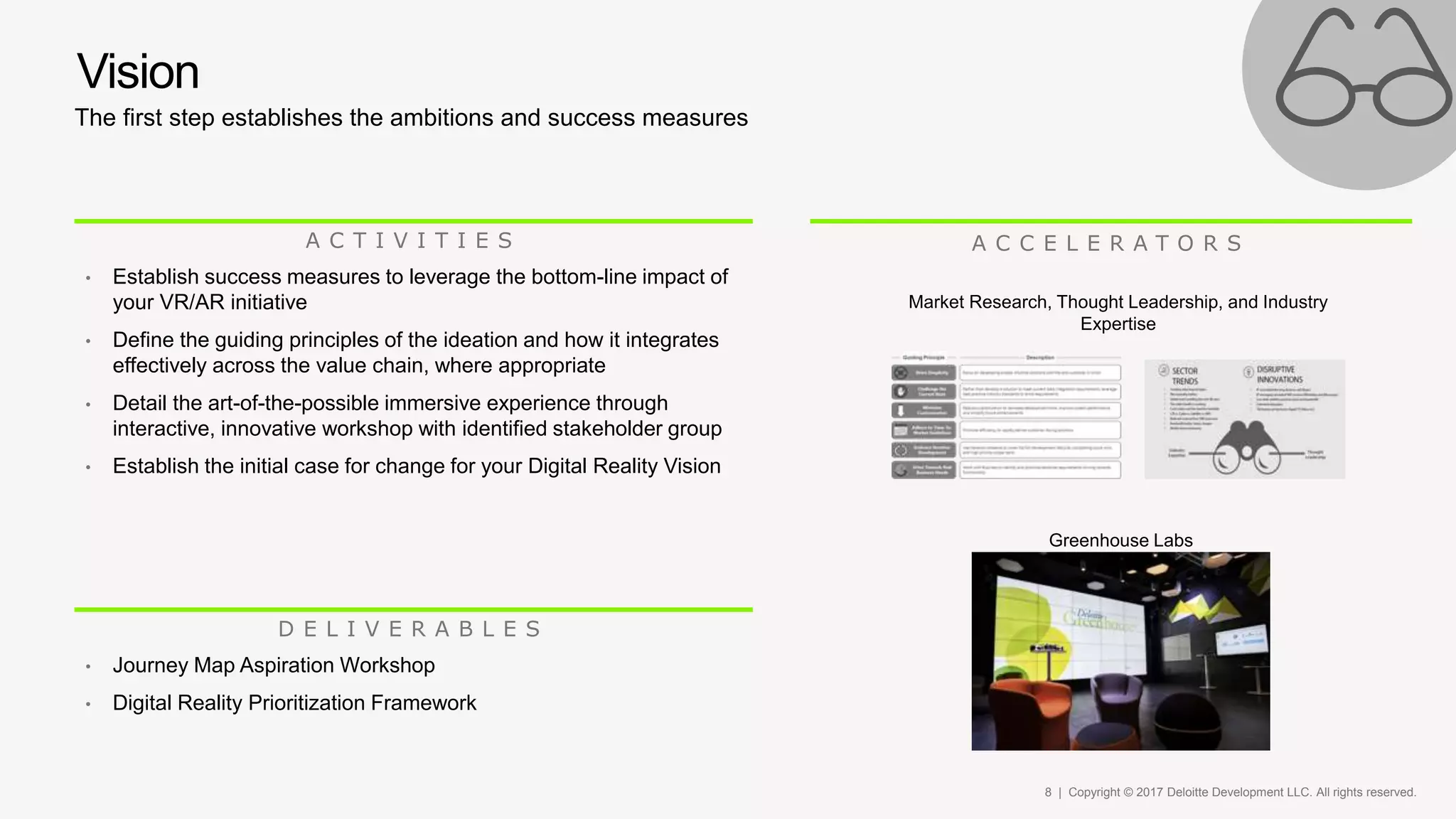 8 | Copyright © 2017 Deloitte Development LLC. All rights reserved.
The first step establishes the ambitions and success measures
Greenhouse Labs
Market Research, Thought Leadership, and Industry
Expertise
A C T I V I T I E S
• Establish success measures to leverage the bottom-line impact of
your VR/AR initiative
• Define the guiding principles of the ideation and how it integrates
effectively across the value chain, where appropriate
• Detail the art-of-the-possible immersive experience through
interactive, innovative workshop with identified stakeholder group
• Establish the initial case for change for your Digital Reality Vision
A C C E L E R A T O R S
D E L I V E R A B L E S
• Journey Map Aspiration Workshop
• Digital Reality Prioritization Framework
Vision
 