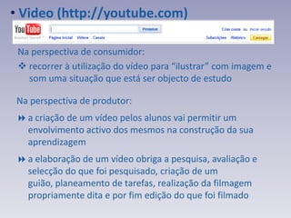  Exemplo de algumas wikis utilização com alunosPode-se criar páginas.Atribuir tarefas aos alunos.Efectuar as correcções necessárias.Orientar as pesquisas na internet que pretendemos que façam.Fazer com que os alunos procurem e ilustrem conceitos aprendidos na aula ou pesquisados pelos próprioshttp://www.wetpaint.com/http://www.wikispaces.com/
