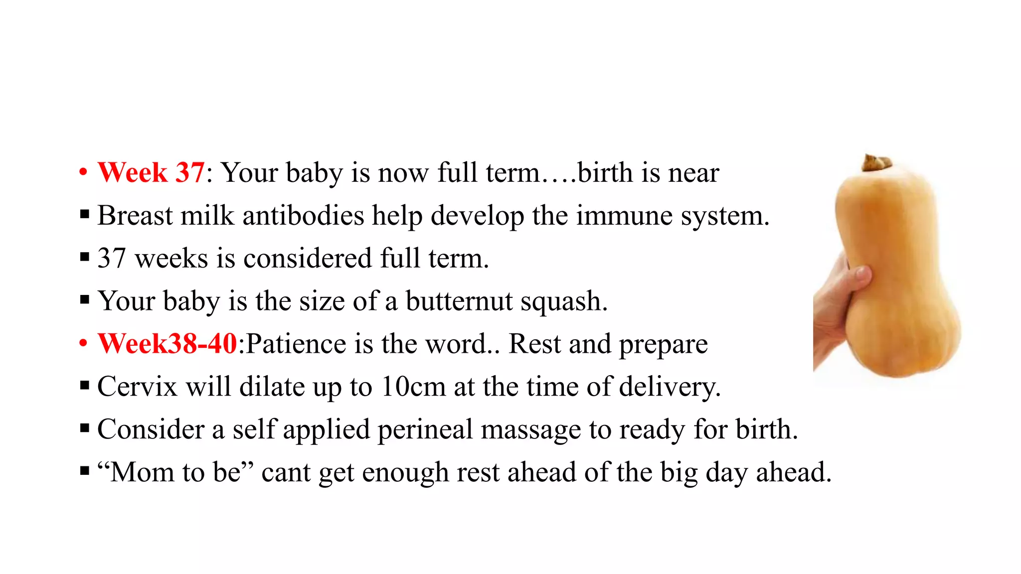 • Week 37: Your baby is now full term….birth is near
 Breast milk antibodies help develop the immune system.
 37 weeks is considered full term.
 Your baby is the size of a butternut squash.
• Week38-40:Patience is the word.. Rest and prepare
 Cervix will dilate up to 10cm at the time of delivery.
 Consider a self applied perineal massage to ready for birth.
 “Mom to be” cant get enough rest ahead of the big day ahead.
 