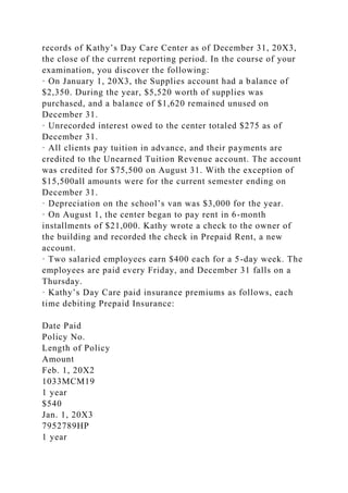 records of Kathy’s Day Care Center as of December 31, 20X3,
the close of the current reporting period. In the course of your
examination, you discover the following:
· On January 1, 20X3, the Supplies account had a balance of
$2,350. During the year, $5,520 worth of supplies was
purchased, and a balance of $1,620 remained unused on
December 31.
· Unrecorded interest owed to the center totaled $275 as of
December 31.
· All clients pay tuition in advance, and their payments are
credited to the Unearned Tuition Revenue account. The account
was credited for $75,500 on August 31. With the exception of
$15,500all amounts were for the current semester ending on
December 31.
· Depreciation on the school’s van was $3,000 for the year.
· On August 1, the center began to pay rent in 6-month
installments of $21,000. Kathy wrote a check to the owner of
the building and recorded the check in Prepaid Rent, a new
account.
· Two salaried employees earn $400 each for a 5-day week. The
employees are paid every Friday, and December 31 falls on a
Thursday.
· Kathy’s Day Care paid insurance premiums as follows, each
time debiting Prepaid Insurance:
Date Paid
Policy No.
Length of Policy
Amount
Feb. 1, 20X2
1033MCM19
1 year
$540
Jan. 1, 20X3
7952789HP
1 year
 
