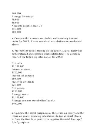 140,000
Average Inventory
70,000
50,000
Accounts payable, Dec. 31
115,000
108,000
a. Compute the accounts receivable and inventory turnover
ratios for 20X5. Alaska rounds all calculations to two decimal
places.
3. Profitability ratios, trading on the equity. Digital Relay has
both preferred and common stock outstanding. The company
reported the following information for 20X7:
Net sales
$1,500,000
Interest expense
$120,000
Income tax expense
$80,000
Preferred dividends
$25,000
Net income
$130,000
Average assets
$1,100,000
Average common stockholders' equity
$400,000
a. Compute the profit margin ratio, the return on equity and the
return on assets, rounding calculations to two decimal places.
b. Does the firm have positive or negative financial leverage?
Briefly explain.
 