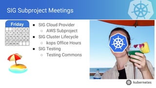 SIG Subproject Meetings
● SIG Cloud Provider
○ AWS Subproject
● SIG Cluster Lifecycle
○ kops Office Hours
● SIG Testing
○ Testing Commons
Friday
1 2 3 4 5
6 7 8 9 10 11 12
13 14 15 16 17 18 19
20 21 22 23 24 25 26
27 28 29 30
🏖
 