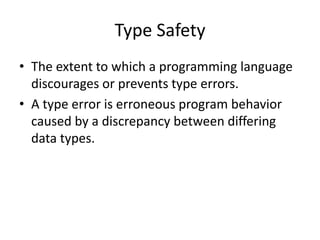 Type SafetyThe extent to which a programming language discourages or prevents type errors.A type error is erroneous program behavior caused by a discrepancy between differing data types.