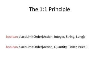 The 1:1 PrinciplebooleanplaceLimitOrder(Action, Integer, String, Long);booleanplaceLimitOrder(Action, Quantity, Ticker, Price);