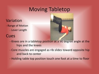Basic CrunchVariation- Lever Length/Cobblers Feet	- Add Weights	- Rhythm	- Tabletop Legs	- With Glides Cues- Draw the ribs and hips closer together	- Engage the abdominals moving from neutral spine to flat back	- Keep a fist space between your chin and chest	- Shoulders begin to leave the floor	- Moving to 30-45 degree angle 