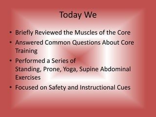Prone Spinal BalanceVariation	- Lever Length	-Tempo	-Duration of HoldCues- Prone, arms and legs extended, face down  	 	 	 with spine in neutral, lift opposite arm and 	 	  	 leg to the point of tightness, hold and switch 