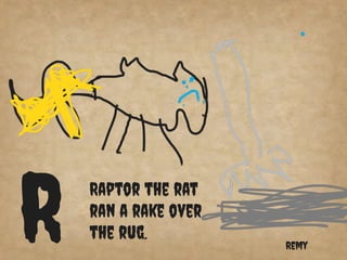 Raptor the rat
ran a rake over
the rug.R Remy
 