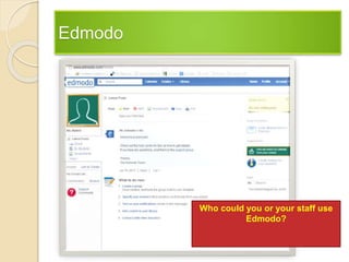 Edmodo
Who could you or your staff use
Edmodo?
 