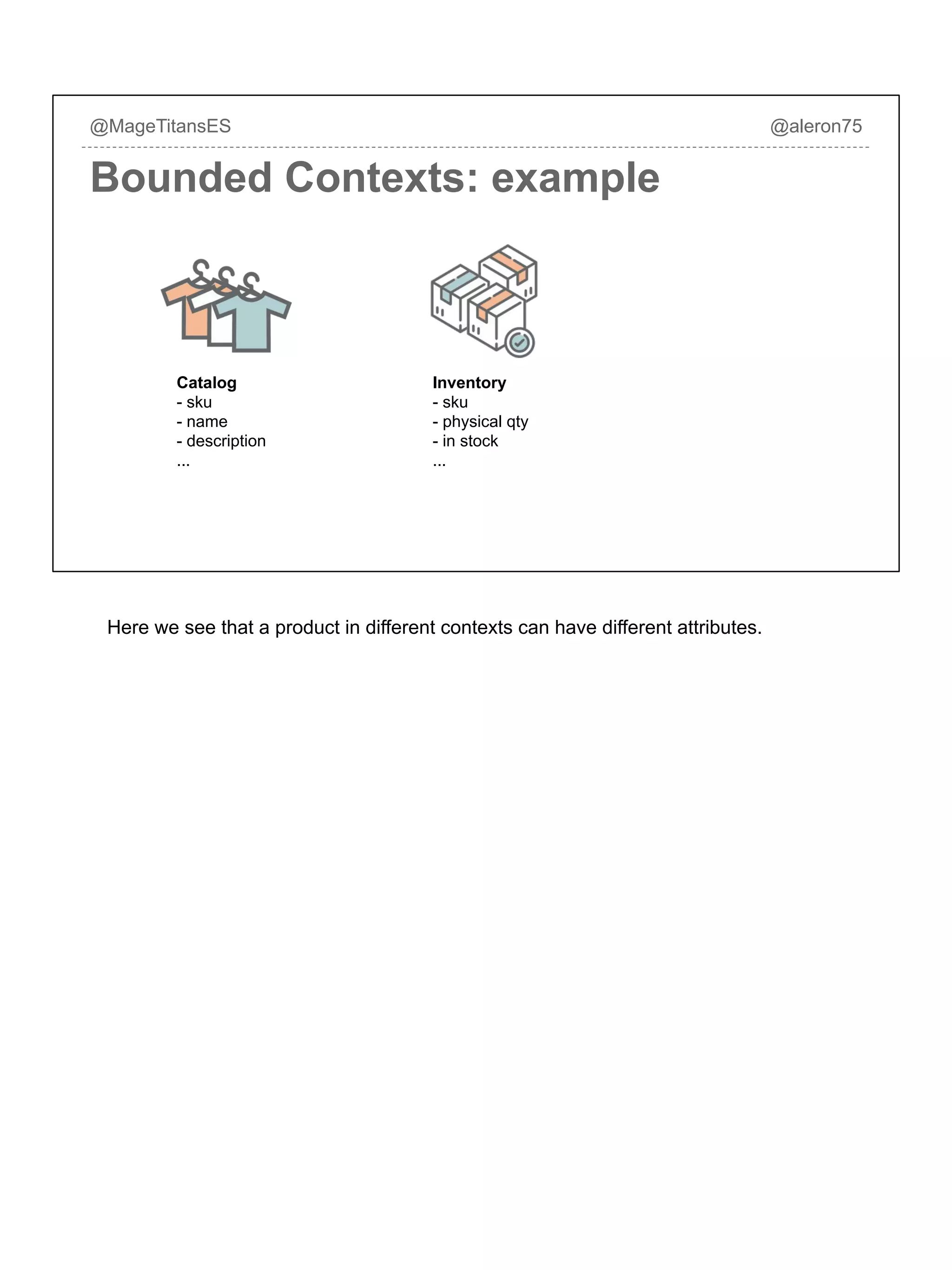 @MageTitansES @aleron75
Bounded Contexts: example
Catalog
- sku
- name
- description
...
Inventory
- sku
- physical qty
- in stock
...
Here we see that a product in different contexts can have different attributes.
 