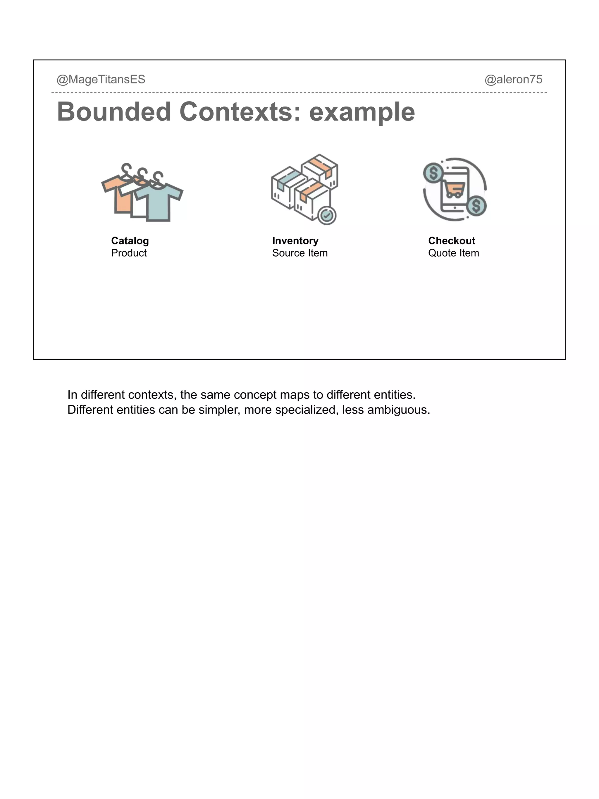 @MageTitansES @aleron75
Bounded Contexts: example
Catalog
Product
Inventory
Source Item
Checkout
Quote Item
In different contexts, the same concept maps to different entities.
Different entities can be simpler, more specialized, less ambiguous.
 