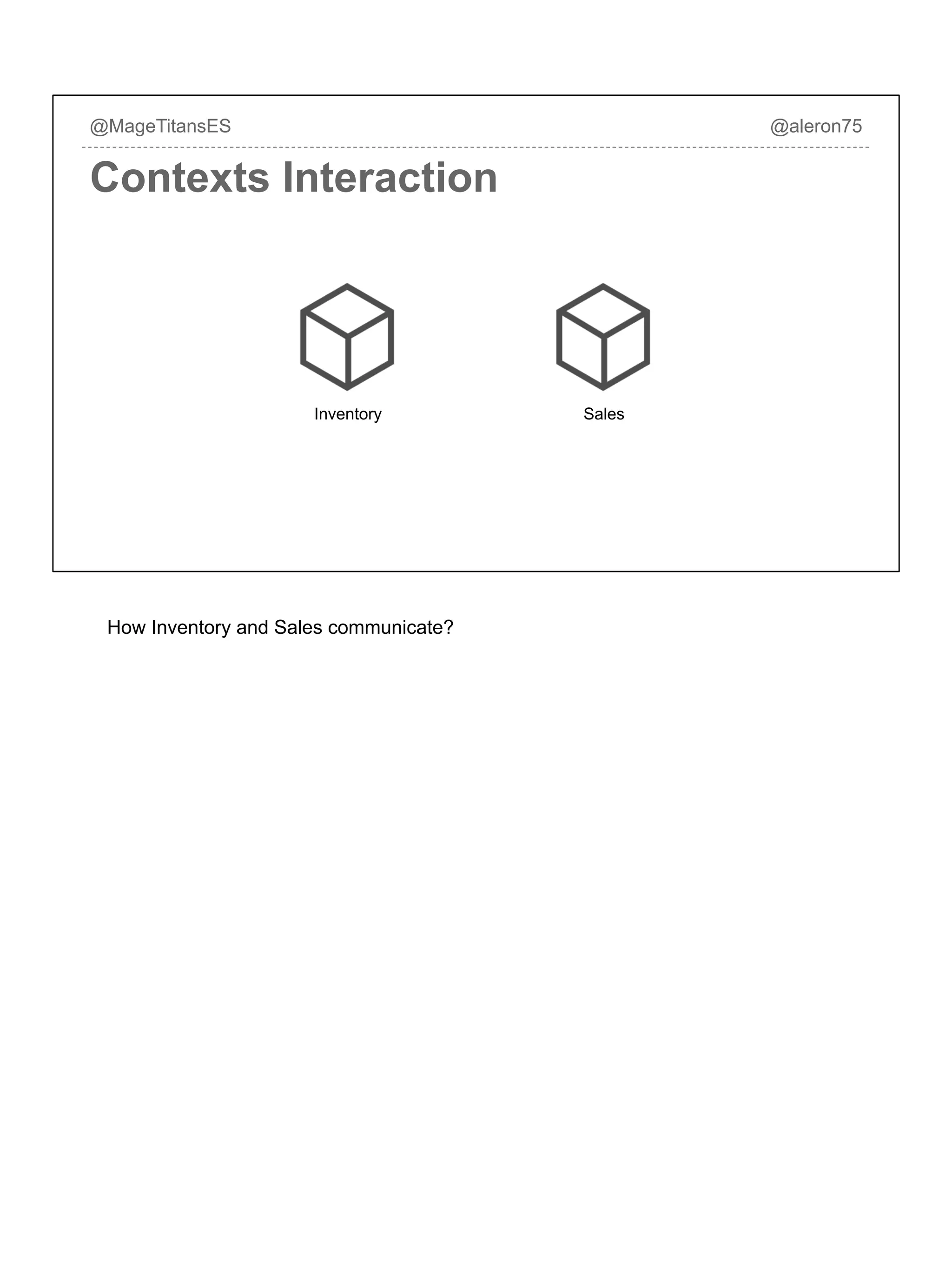 @MageTitansES @aleron75
Contexts Interaction
Inventory Sales
How Inventory and Sales communicate?
 