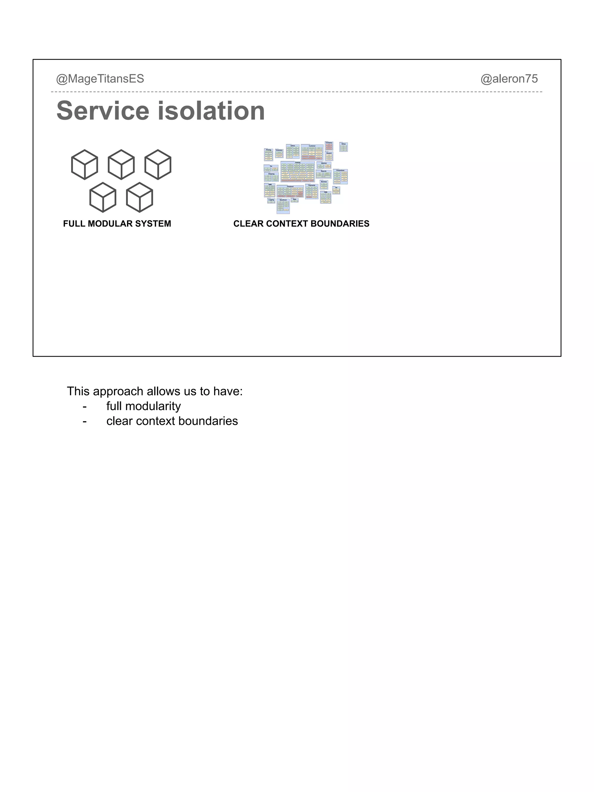FULL MODULAR SYSTEM CLEAR CONTEXT BOUNDARIES
@MageTitansES @aleron75
Service isolation
This approach allows us to have:
- full modularity
- clear context boundaries
 