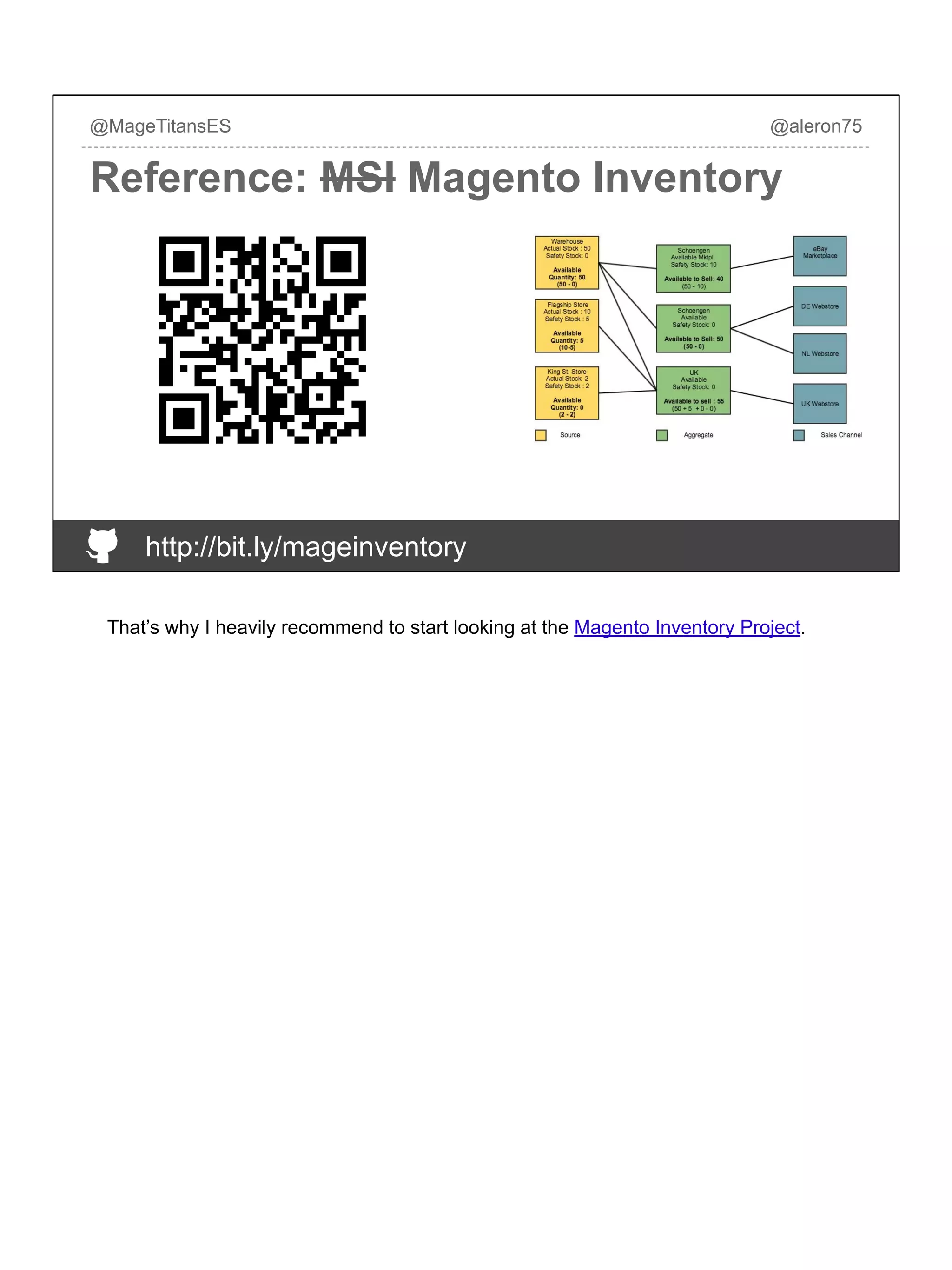 @MageTitansES @aleron75
Reference: MSI Magento Inventory
http://bit.ly/mageinventory
That’s why I heavily recommend to start looking at the Magento Inventory Project.
 