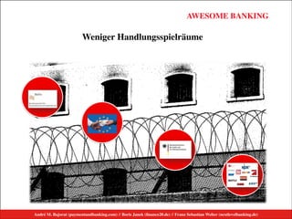 André M. Bajorat (paymentandbanking.com) // Boris Janek (ﬁnance20.de) // Franz Sebastian Welter (nextlevelbanking.de)
AWESOME BANKINGAWESOME BANKING
André M. Bajorat (paymentandbanking.com)//Boris Janek (financezweinull.de)//Franz Sebastian Welter (nextlevelbanking.de)
Weniger Handlungsspielräume
Medien
André M. Bajorat (paymentandbanking.com) // Boris Janek (ﬁnance20.de) // Franz Sebastian Welter (nextlevelbanking.de)
 