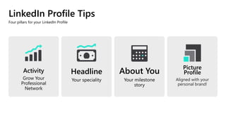 LinkedIn Profile Tips
Four pillars for your LinkedIn Profile
About You
Your milestone
story
Headline
Your speciality
Activity
Grow Your
Professional
Network
Picture
Profile
Aligned with your
personal brand!
 