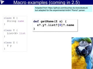 Parsing - Middle Stages
Initialization
Semantic Analysis
Instruction Selection
Parsing
Conversion
Canonicalization
Class Generation
Output
Finalization
ClassNode: Greeter
MethodNode: greet
FieldNode: message
type: resolved(String)
methods:
fields:
constructors:
ConstructorNode
MethodNode:
getMessageMethodNode:
setMessageMethodNode: toString
MethodNode:
getMetaClass…
 