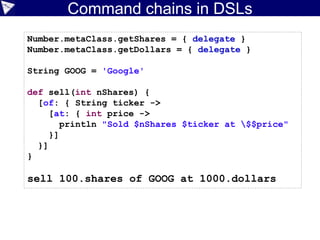 With Macros (Groovy 2.5+)
• AST Matching:
• Selective transformations, filtering, testing
• Supports placeholders
Expression transform(Expression exp) {
Expression ref = macro { 1 + 1 }
if (ASTMatcher.matches(ref, exp)) {
return macro { 2 }
}
return super.transform(exp)
}
 