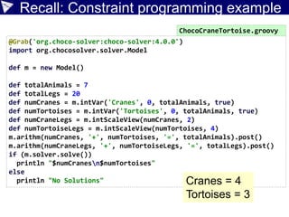 Macro method examples
def getName(Z z) {
z?.y?.list?[0]?.name
}
class X {
String name
}
class Y {
List<X> list
}
class Z {
Y y
}
Adapted from https://github.com/touchez-du-bois/akatsuki
but adapted for the experimental Antlr4 “Parrot” parser.
• nullSafe
 