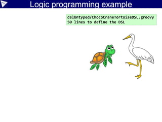 class X {
String name
}
class Y {
List<X> list
}
class Z {
Y y
}
Macro method examples
Adapted from https://github.com/touchez-du-bois/akatsuki
but adapted for the experimental Antlr4 “Parrot” parser.
• nullSafe
def getName(Z z) {
nullSafe(z.y.list[0].name)
}
 